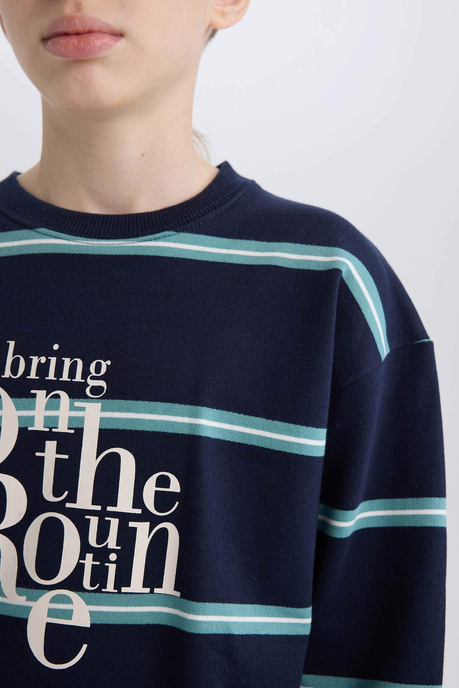 Erkek Çocuk Oversize Geniş Kalıp Bisiklet Yaka Baskılı Sweatshirt