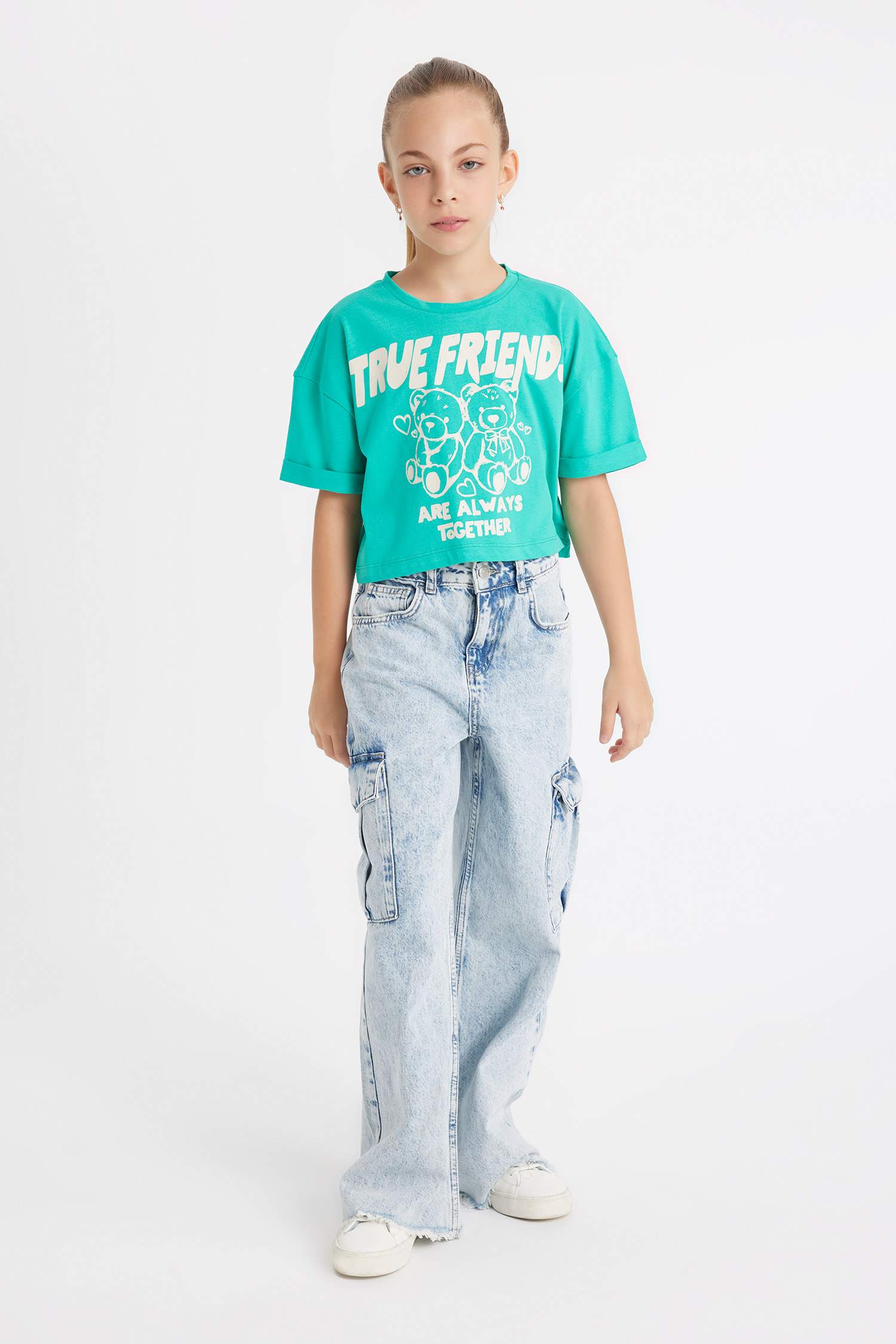 Kız Çocuk Crop Bisiklet Yaka Baskılı Kısa Kollu Tişört