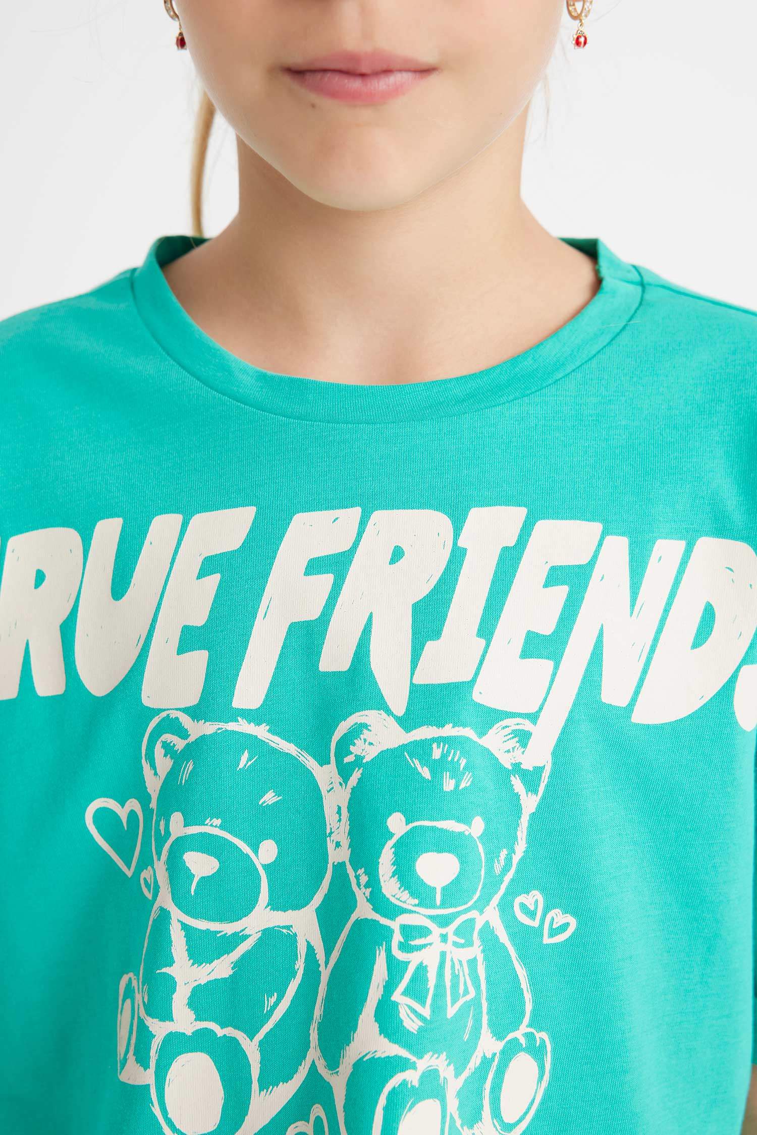 Kız Çocuk Crop Bisiklet Yaka Baskılı Kısa Kollu Tişört