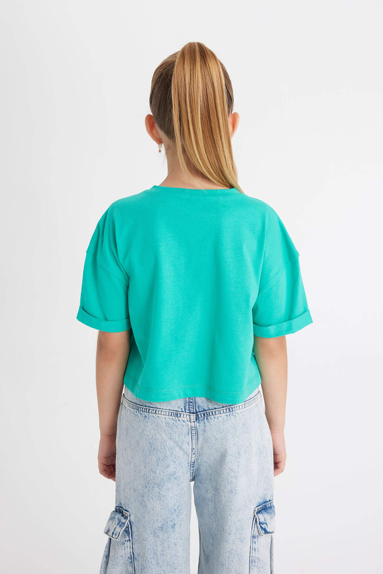 Kız Çocuk Crop Bisiklet Yaka Baskılı Kısa Kollu Tişört