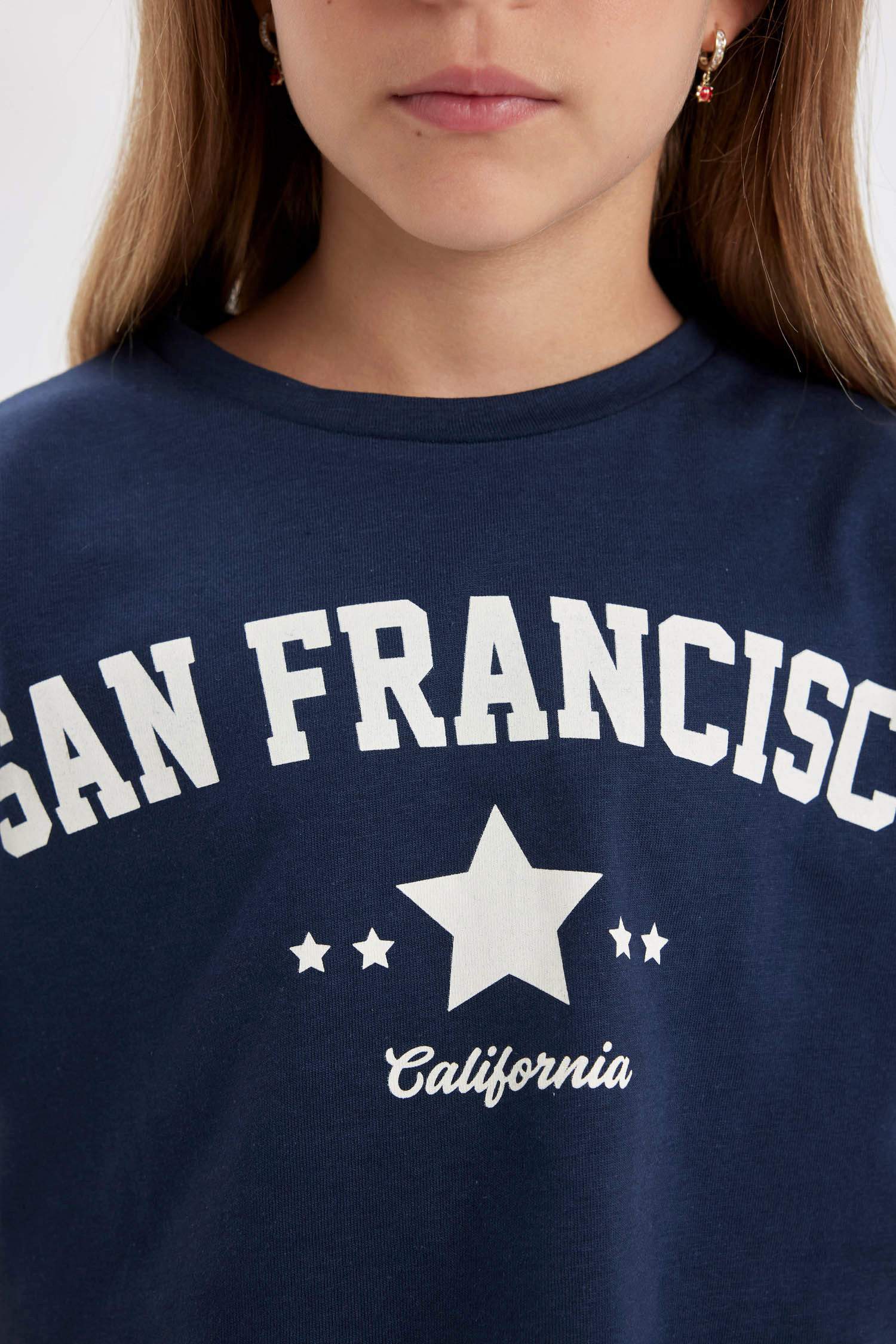 Kız Çocuk Crop Bisiklet Yaka Baskılı Kısa Kollu Tişört