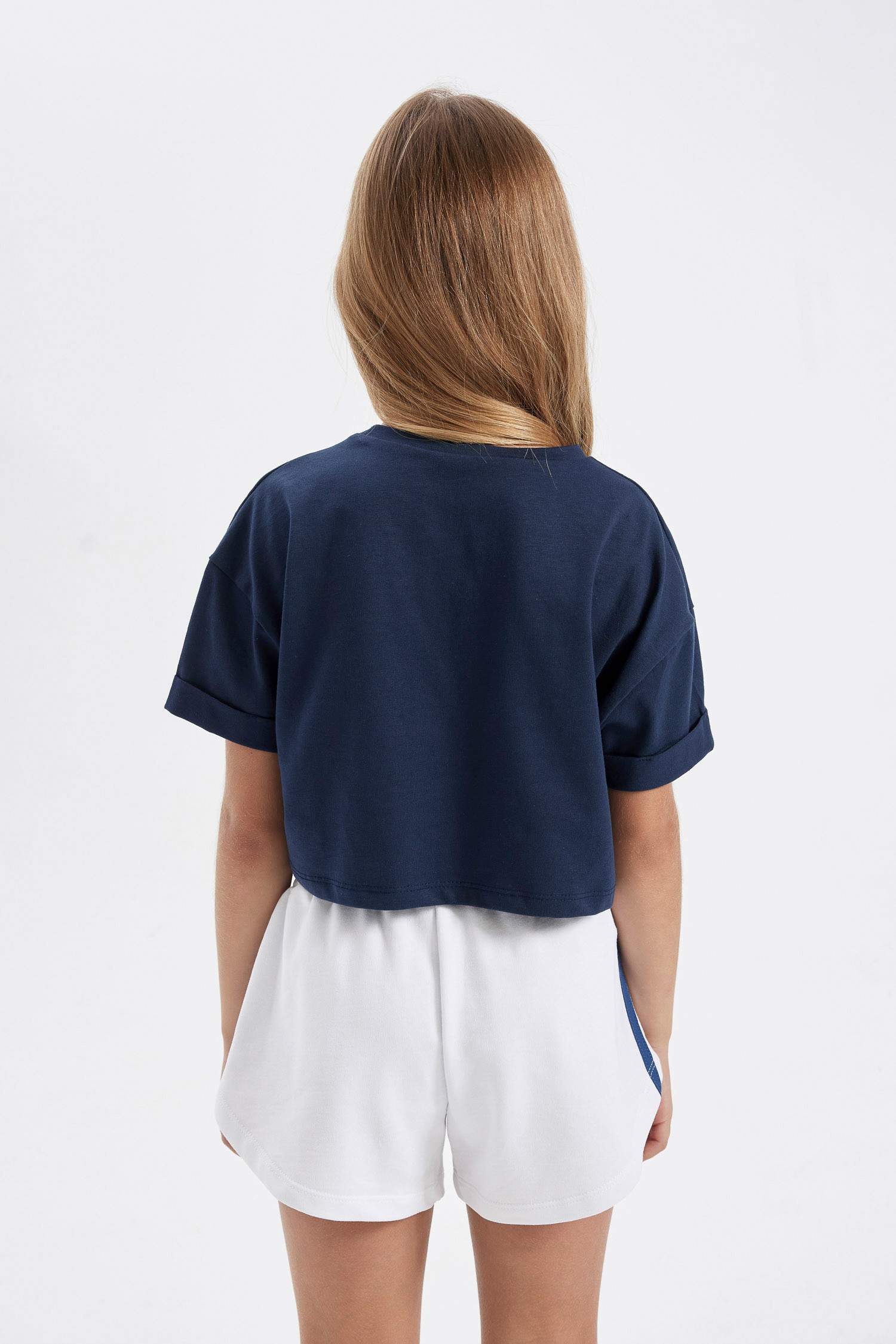 Kız Çocuk Crop Bisiklet Yaka Baskılı Kısa Kollu Tişört