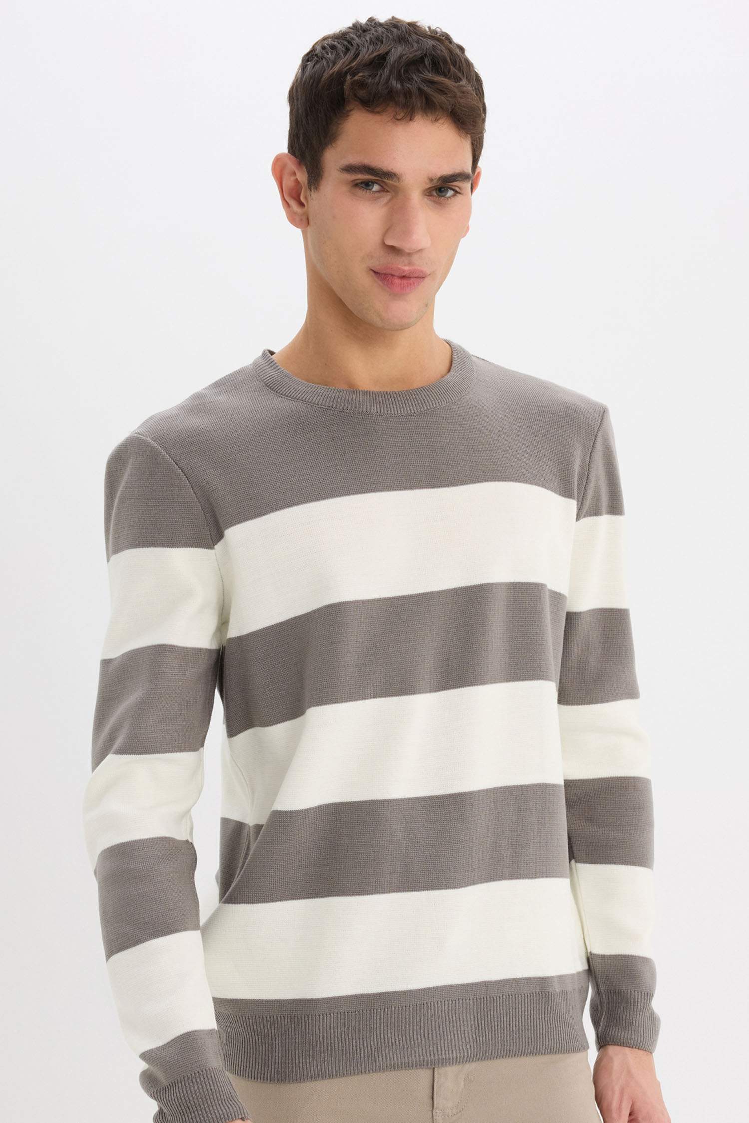 Standart Fit Bisiklet Yaka Çizgili Triko Kazak