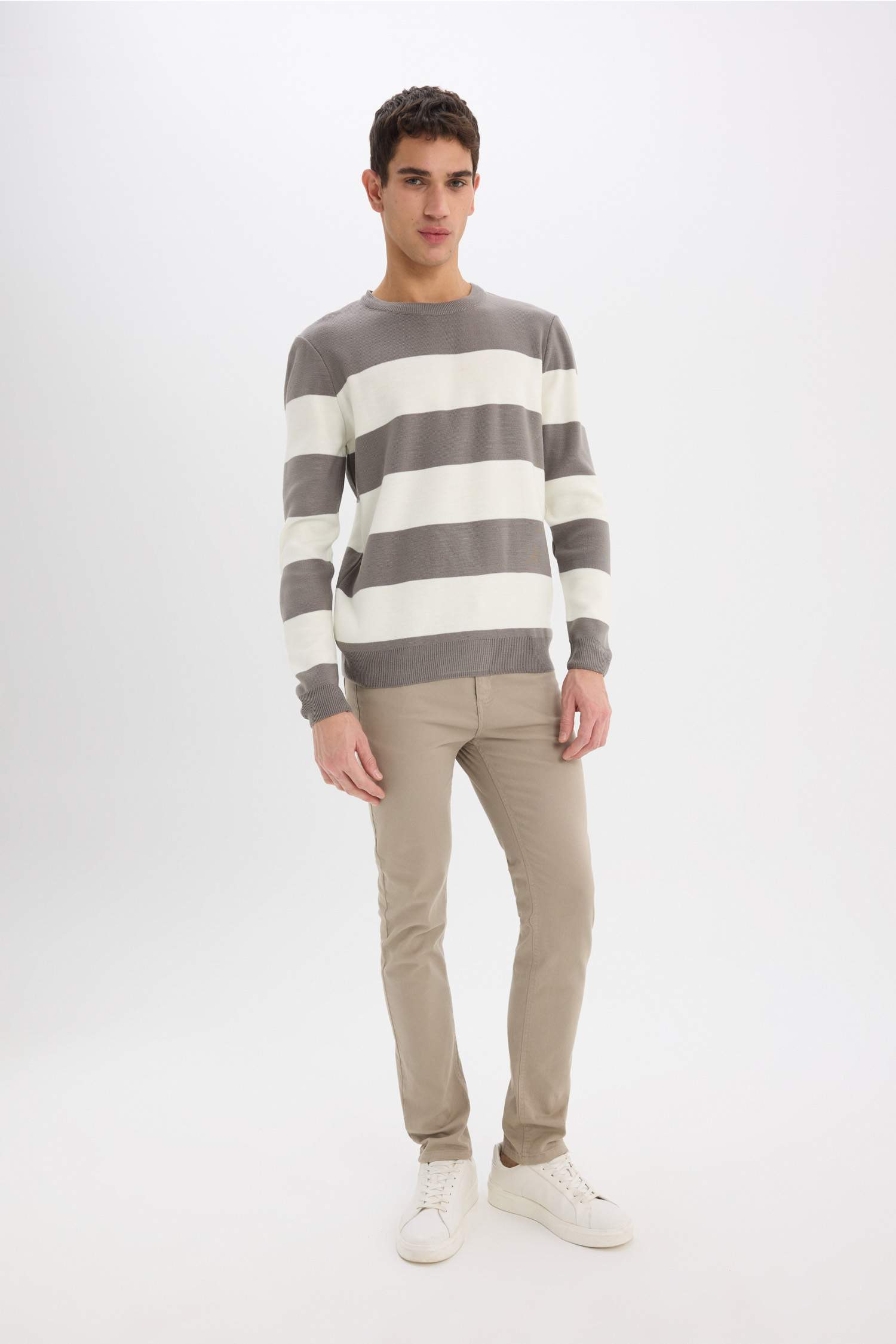 Standart Fit Bisiklet Yaka Çizgili Triko Kazak