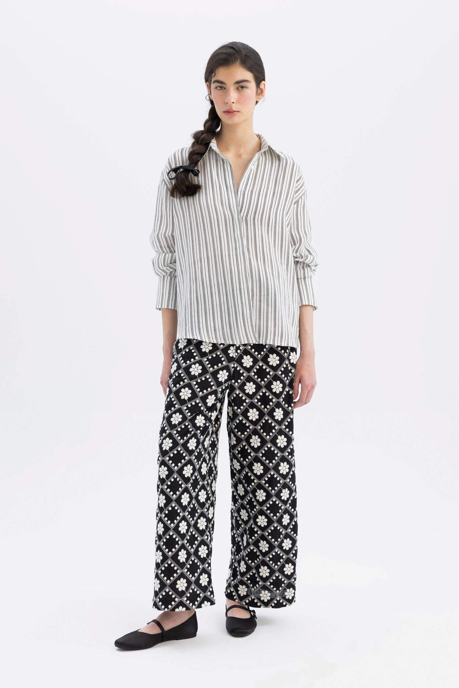 Lug Von Siga x DeFacto %100 Keten Oversize Çizgili Uzun Kollu Gömlek