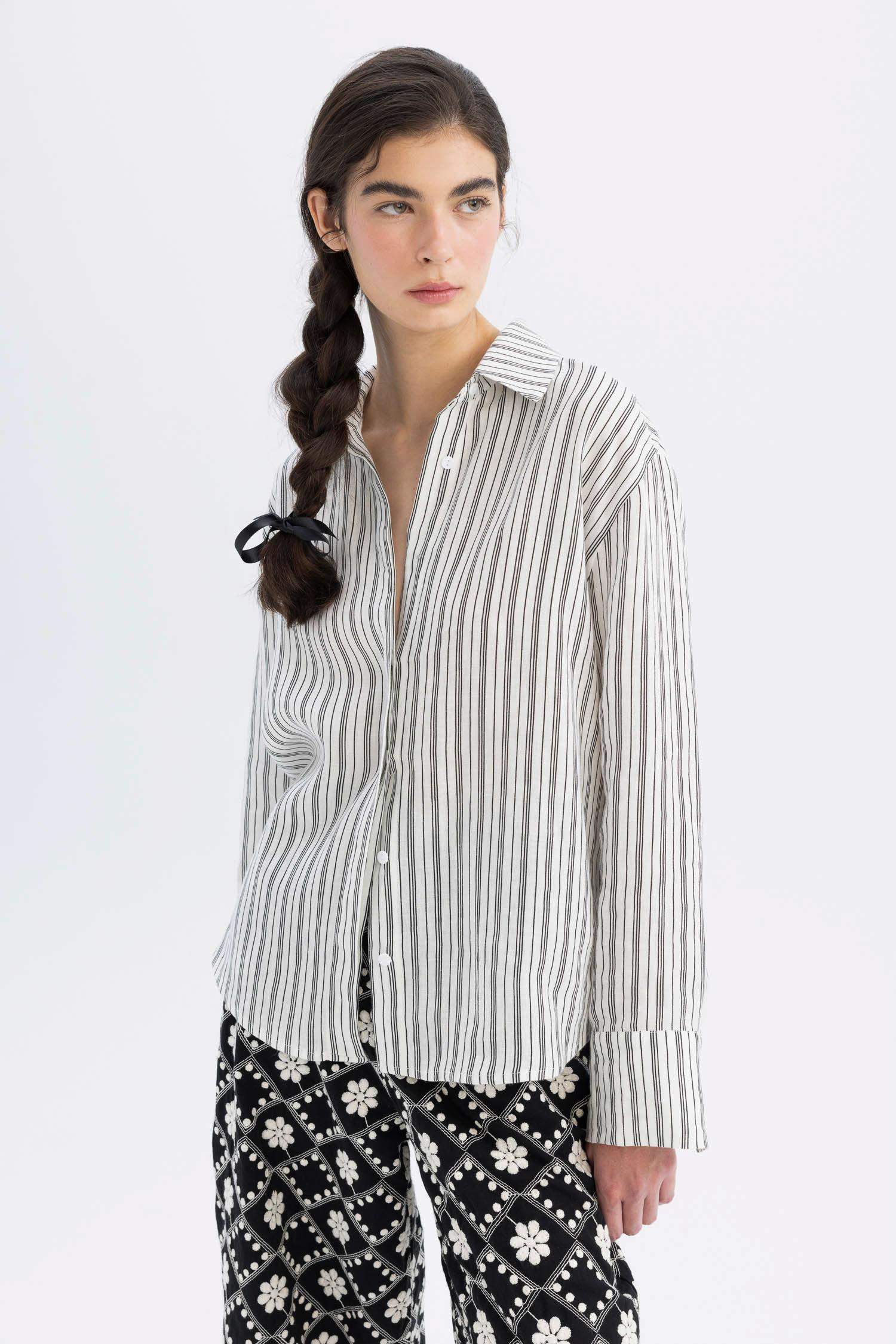 Lug Von Siga x DeFacto %100 Keten Oversize Çizgili Uzun Kollu Gömlek