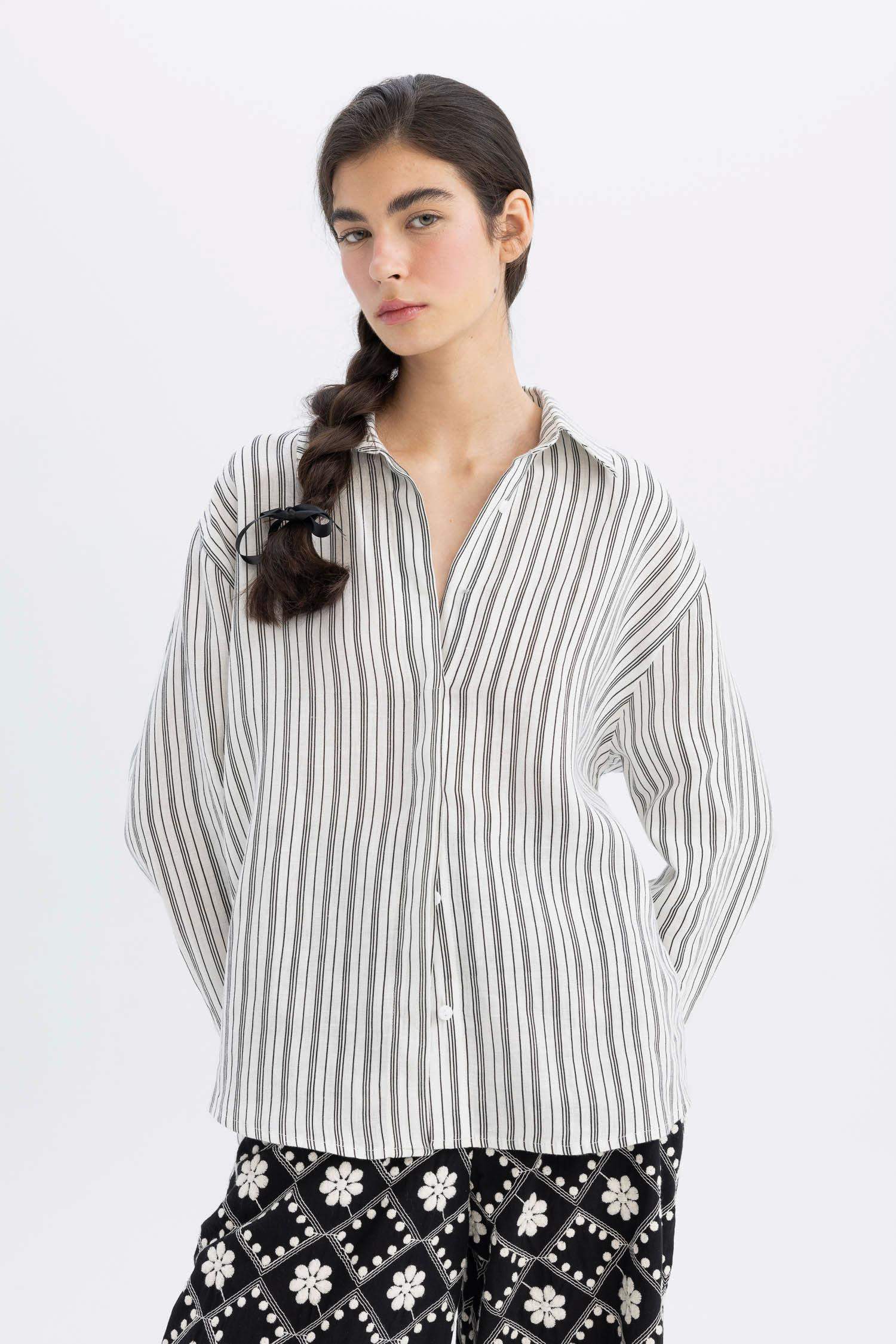 Lug Von Siga x DeFacto %100 Keten Oversize Çizgili Uzun Kollu Gömlek