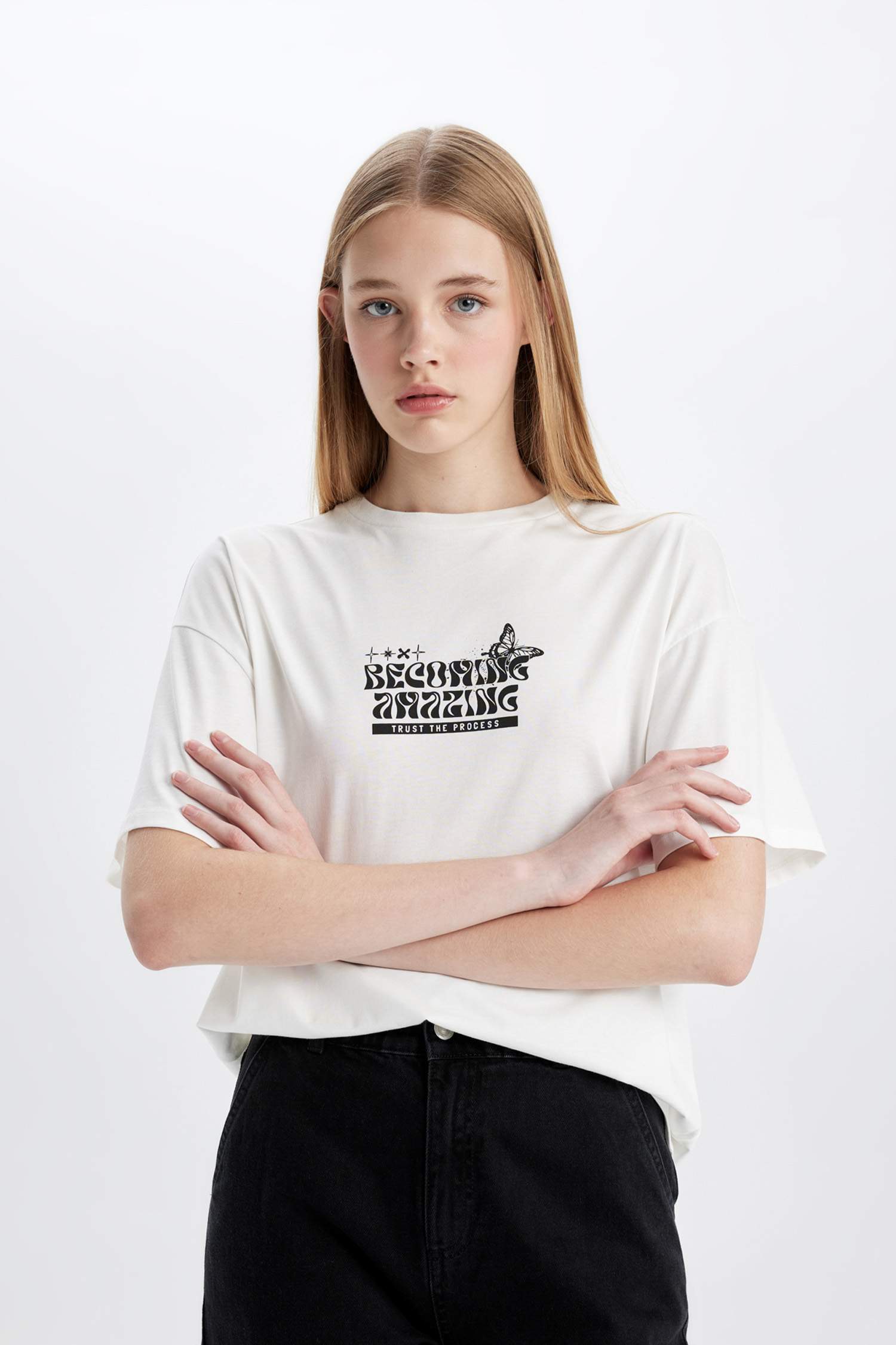 Oversize Geniş Kalıp Bisiklet Yaka Baskılı Kısa Kollu Tişört