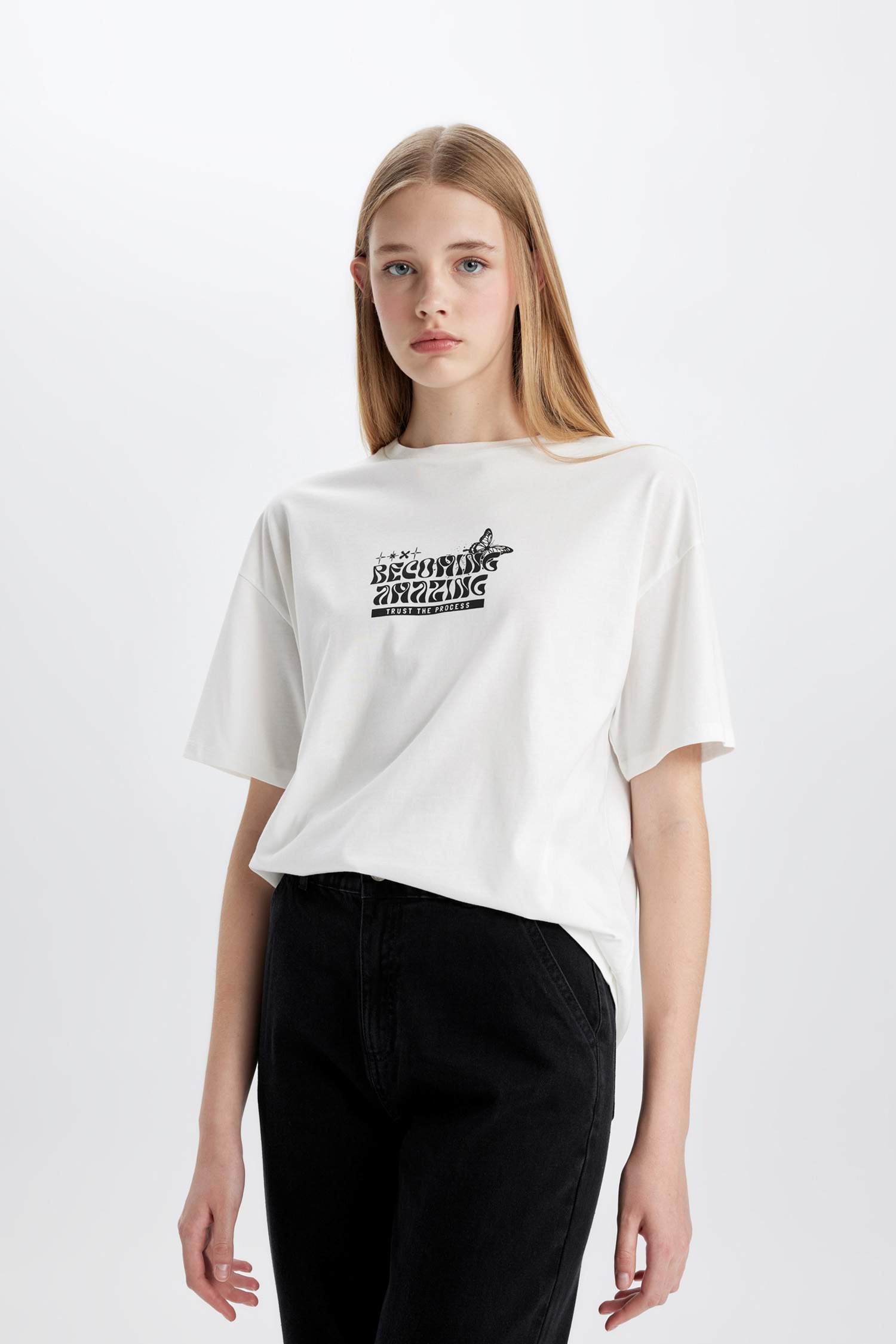 Oversize Geniş Kalıp Bisiklet Yaka Baskılı Kısa Kollu Tişört