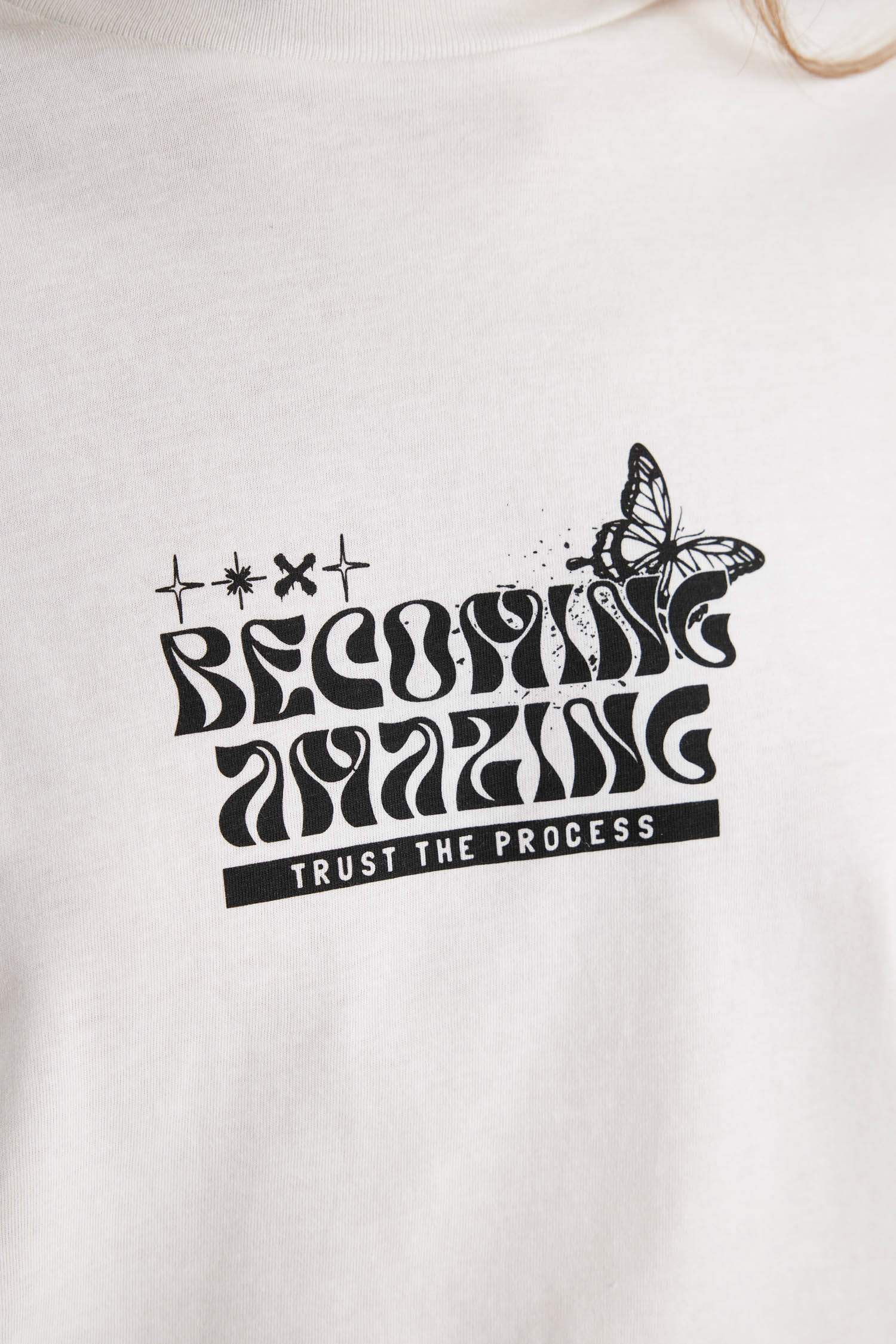 Oversize Geniş Kalıp Bisiklet Yaka Baskılı Kısa Kollu Tişört