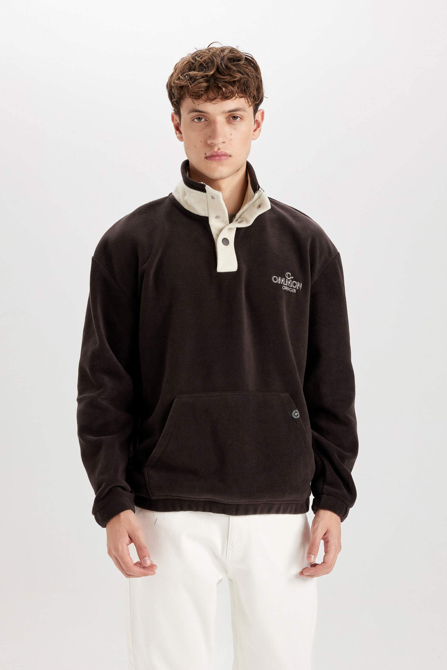 Boxy Fit Snap Closure Stand Collar Polar Sweatshirt