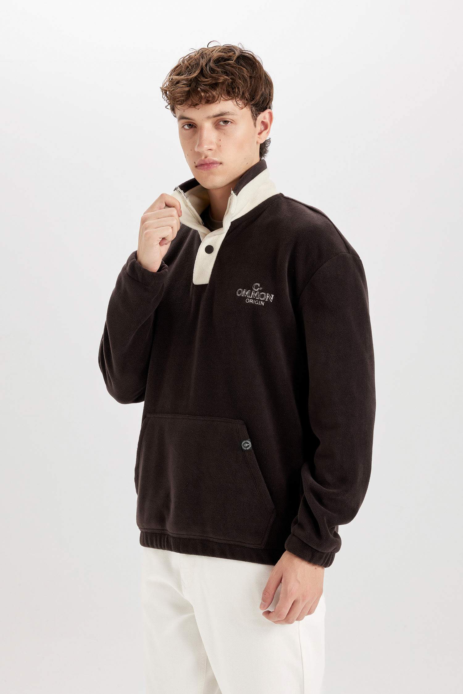 Boxy Fit Snap Closure Stand Collar Polar Sweatshirt