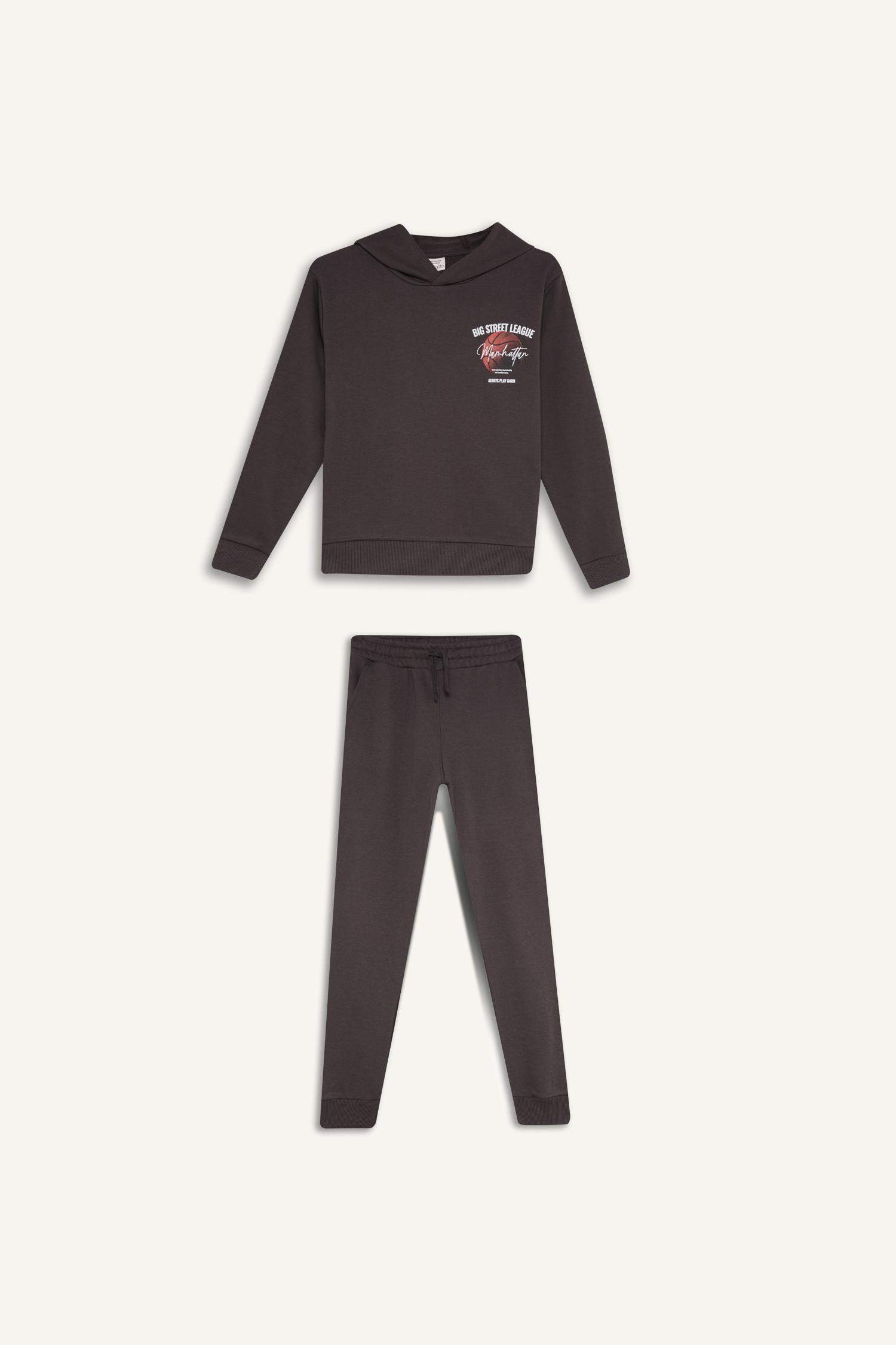 Erkek Çocuk 2'li Takım Kapüşonlu Baskılı Sweatshirt Beli Lastikli Eşofman Altı