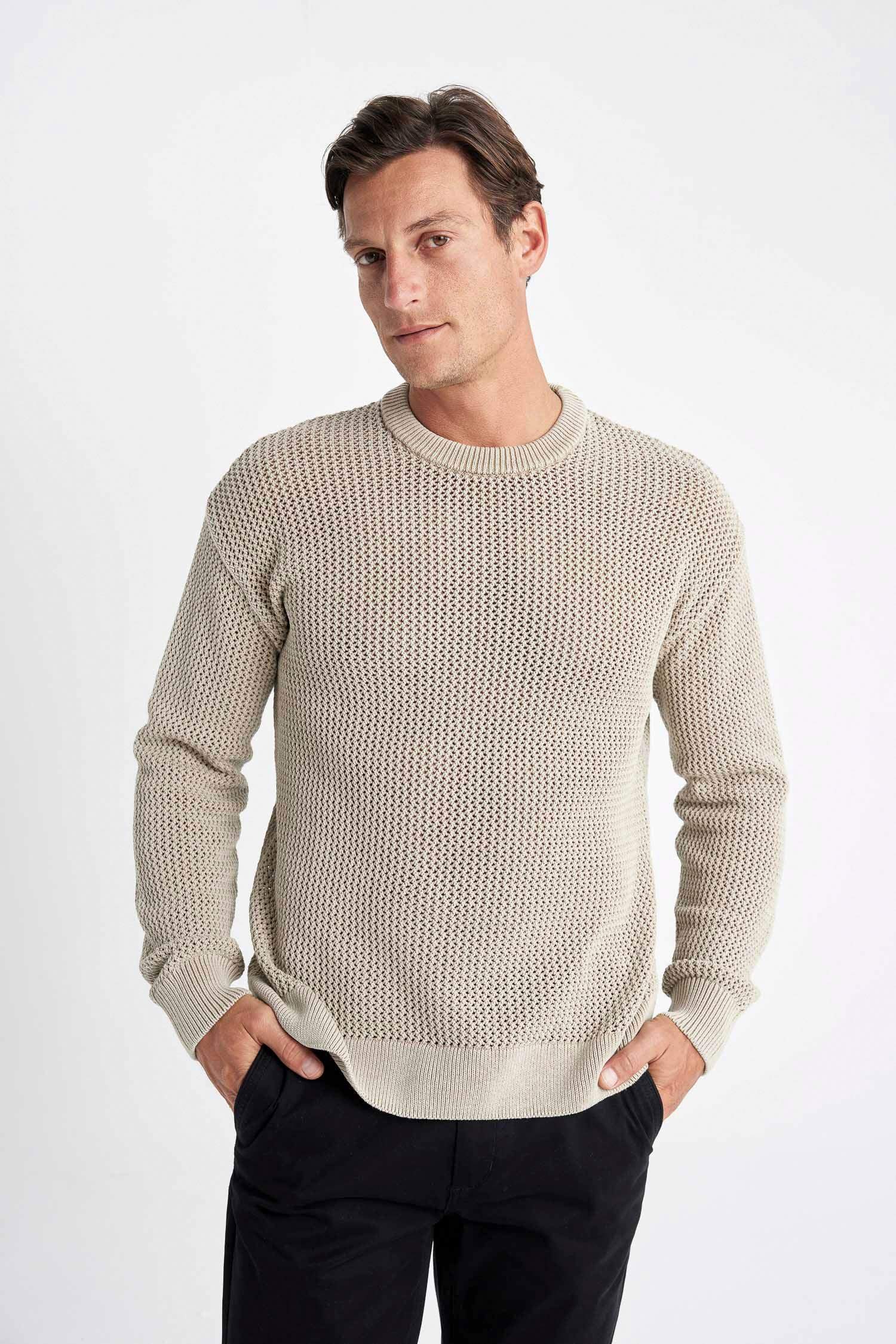 بلوفر قطن تريكو رجالي منسوج قصة مريحة برقبة مستديرة