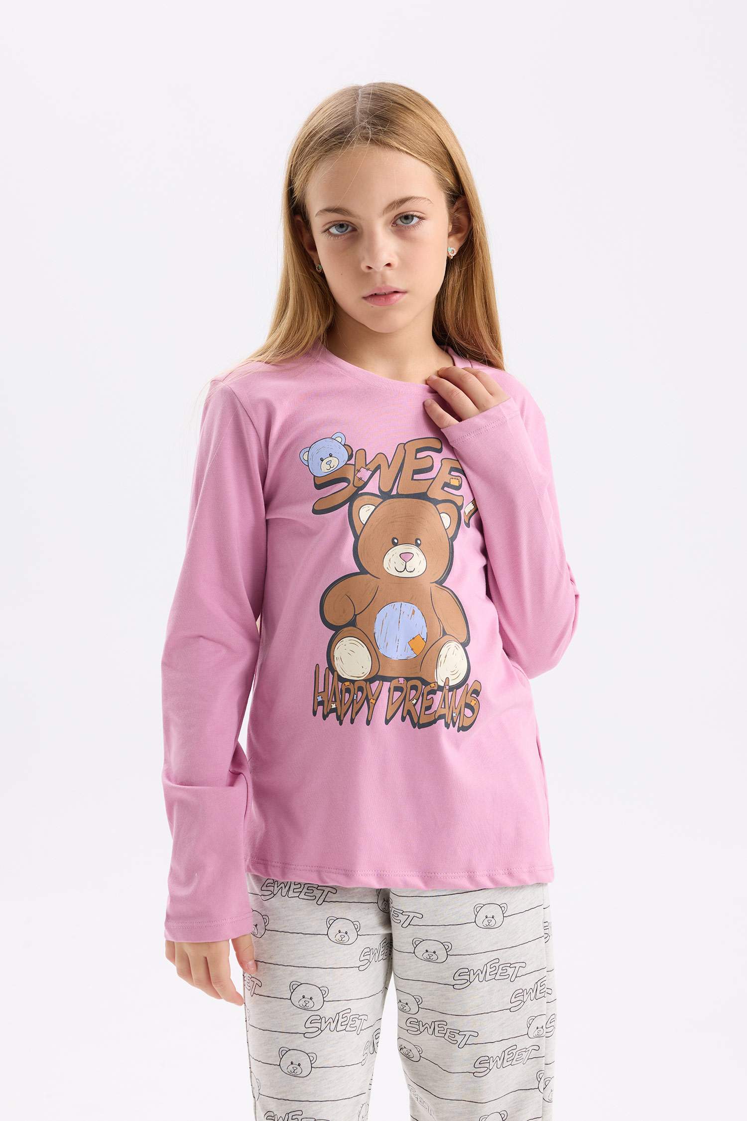 طقم بيجاما بناتي بينك قصة عادية - قطعتين