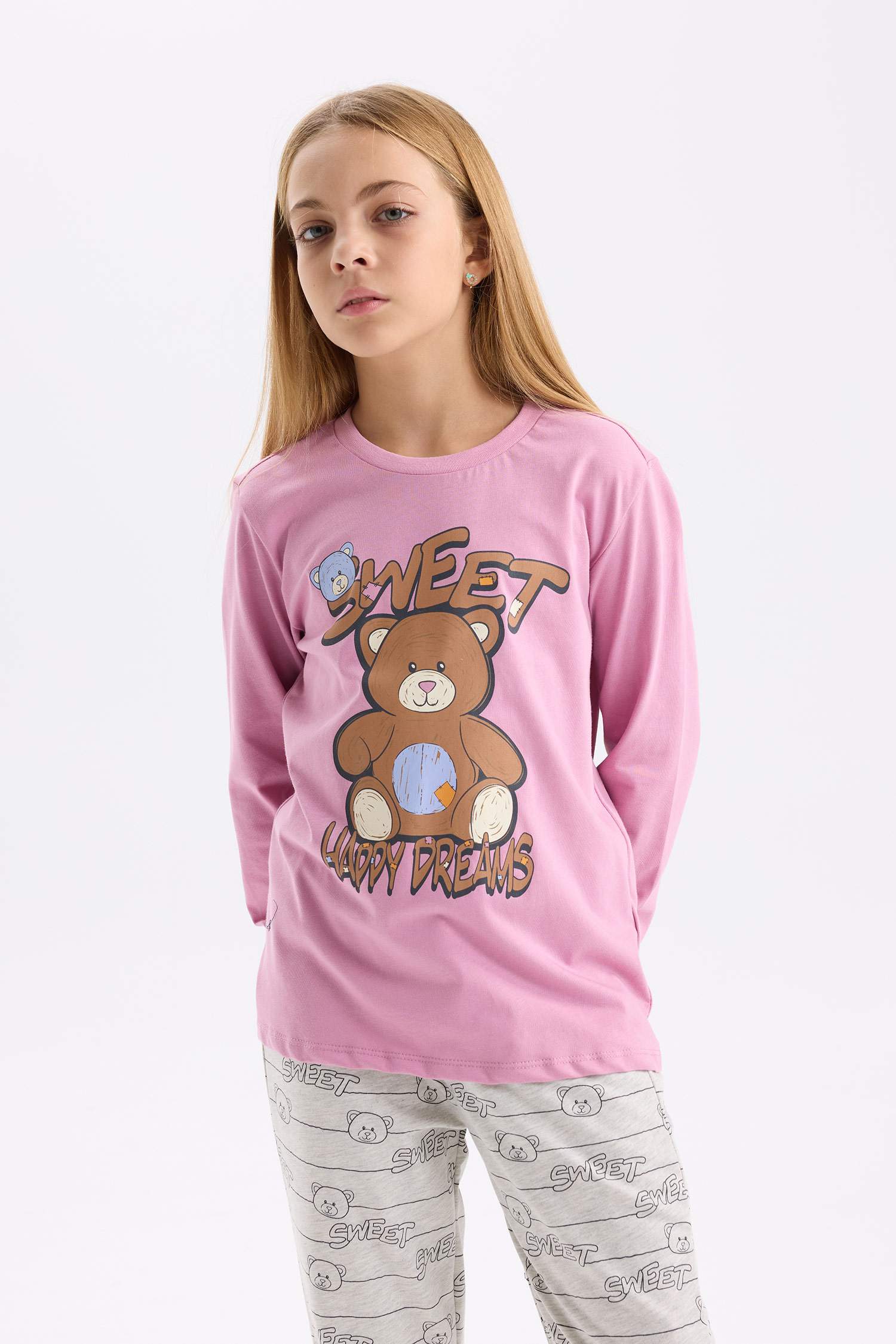 طقم بيجاما بناتي بينك قصة عادية - قطعتين