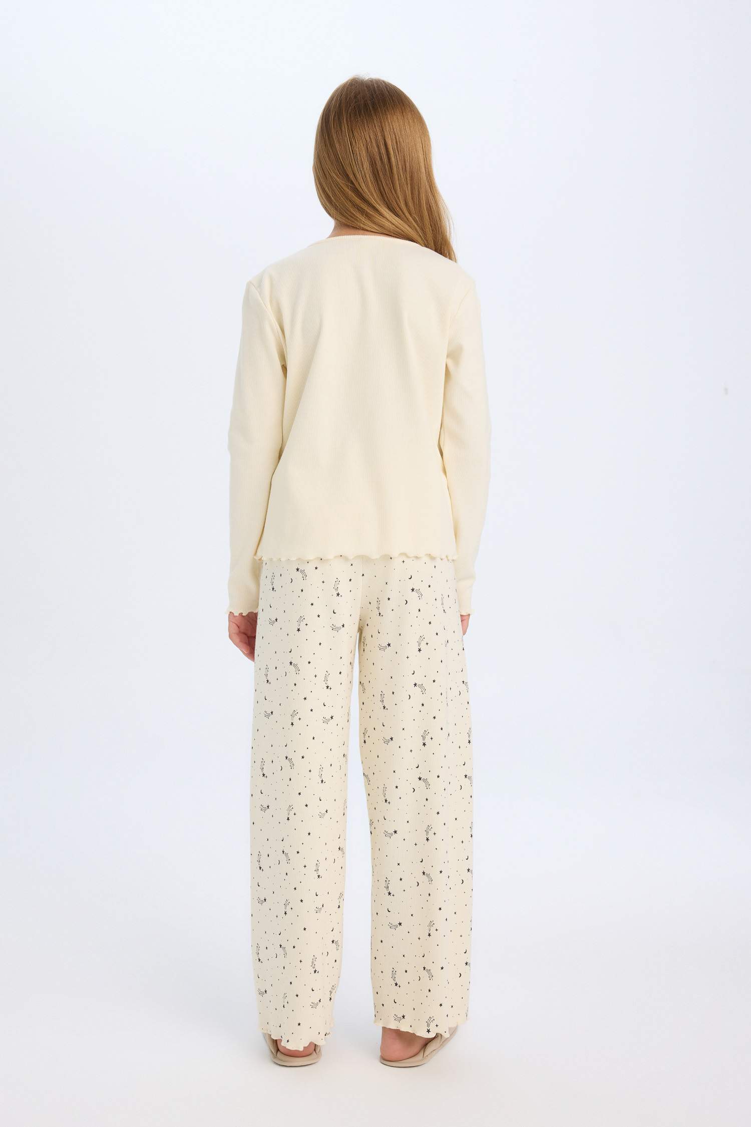 Kız Çocuk Pijama Takım Fitilli Kaşkorse Baskılı Uzun Kollu Üst Beli Lastikli Alt