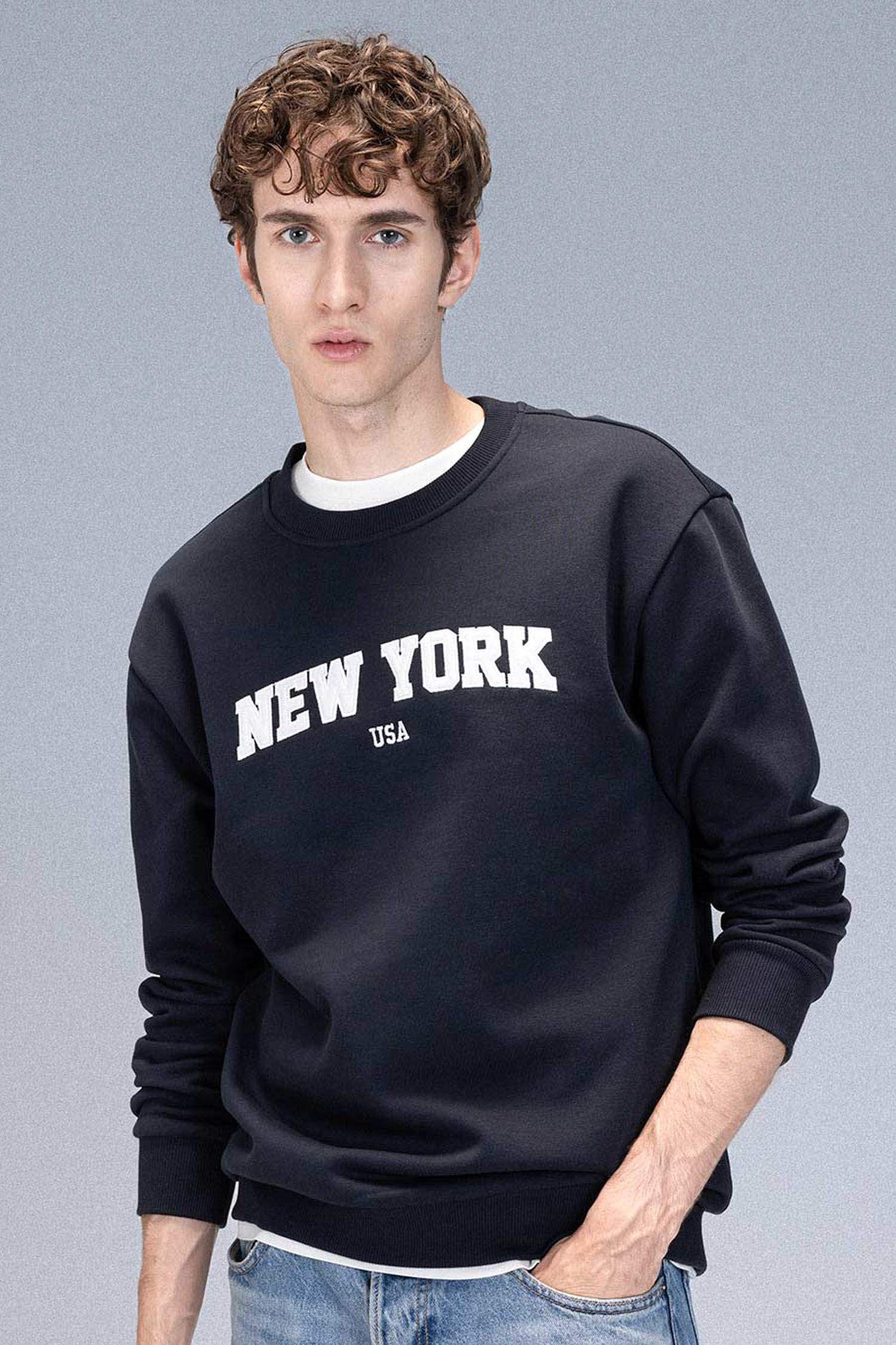 Relax Fit Bisiklet Yaka Baskılı Kalın Sweatshirt