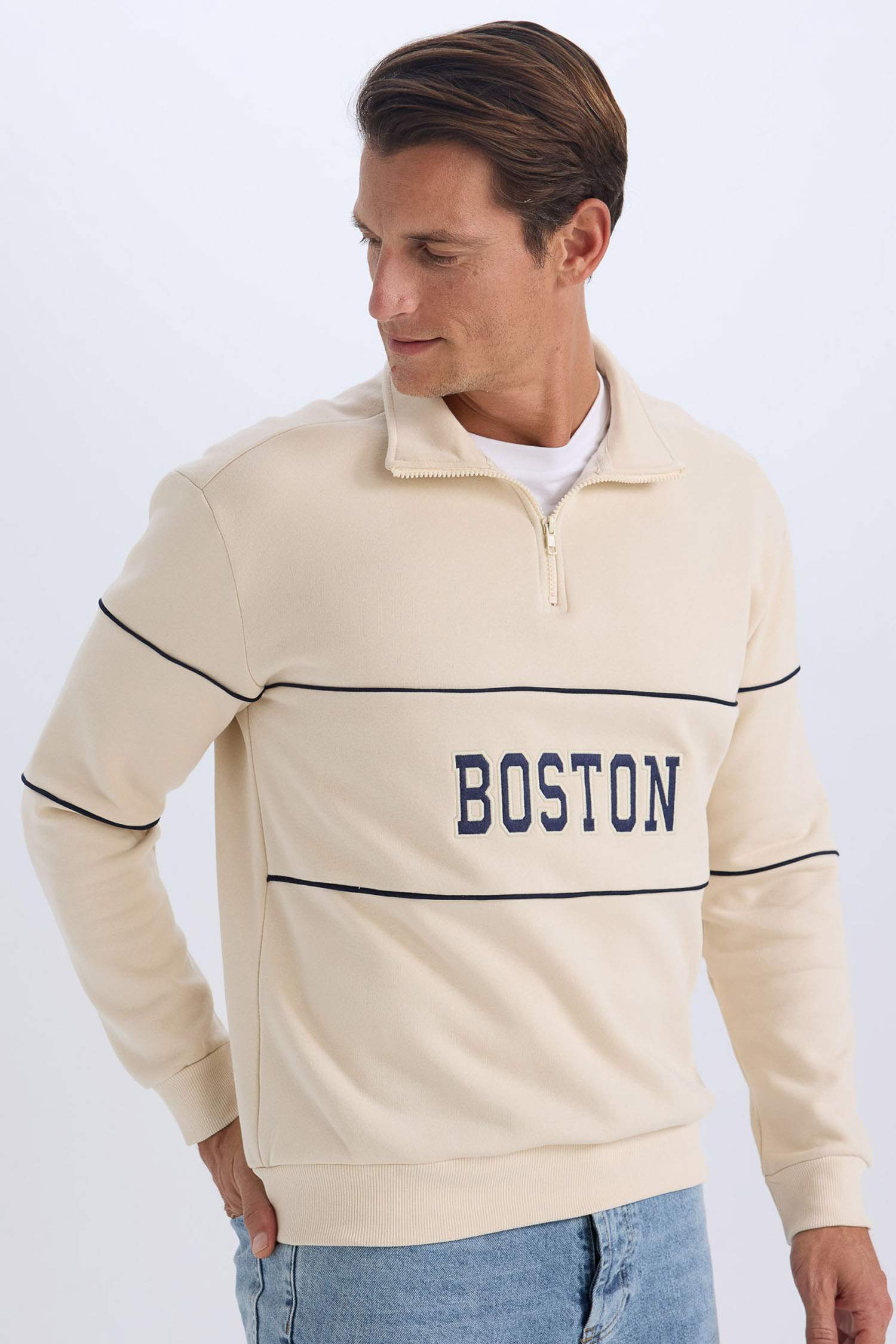 Relax Fit Dik Yaka Fermuarlı Baskılı Kalın Sweatshirt