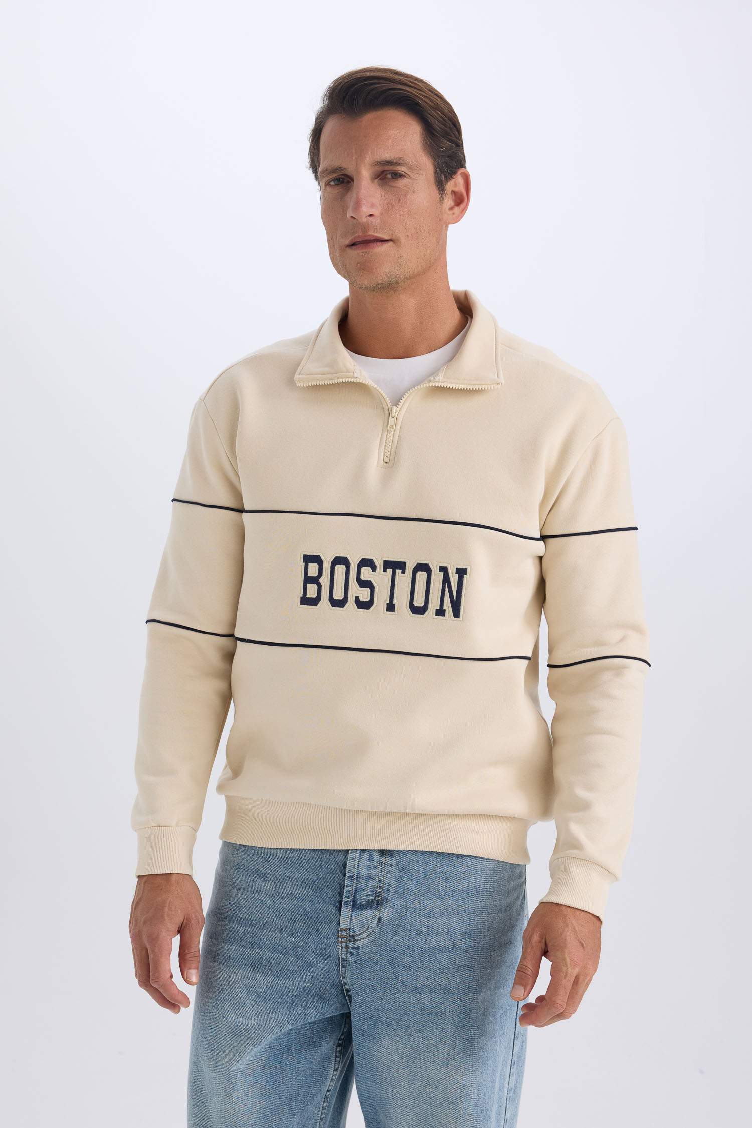 Relax Fit Dik Yaka Fermuarlı Baskılı Kalın Sweatshirt