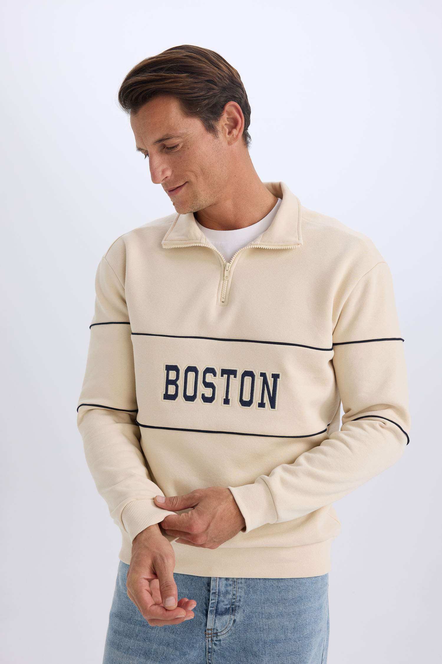 Relax Fit Dik Yaka Fermuarlı Baskılı Kalın Sweatshirt