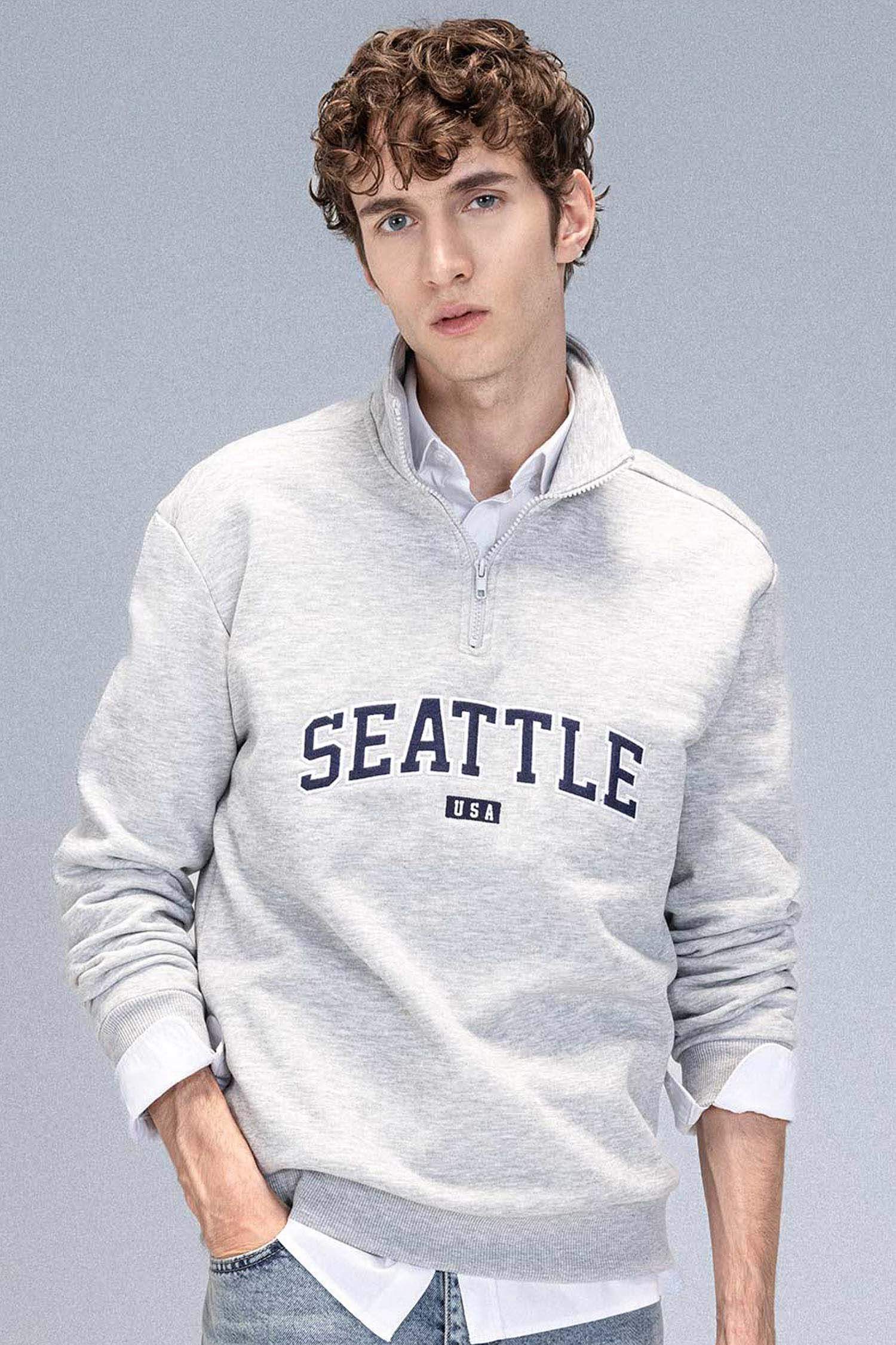 Relax Fit Zippered Stand Collar Printed Thick Sweatshirt