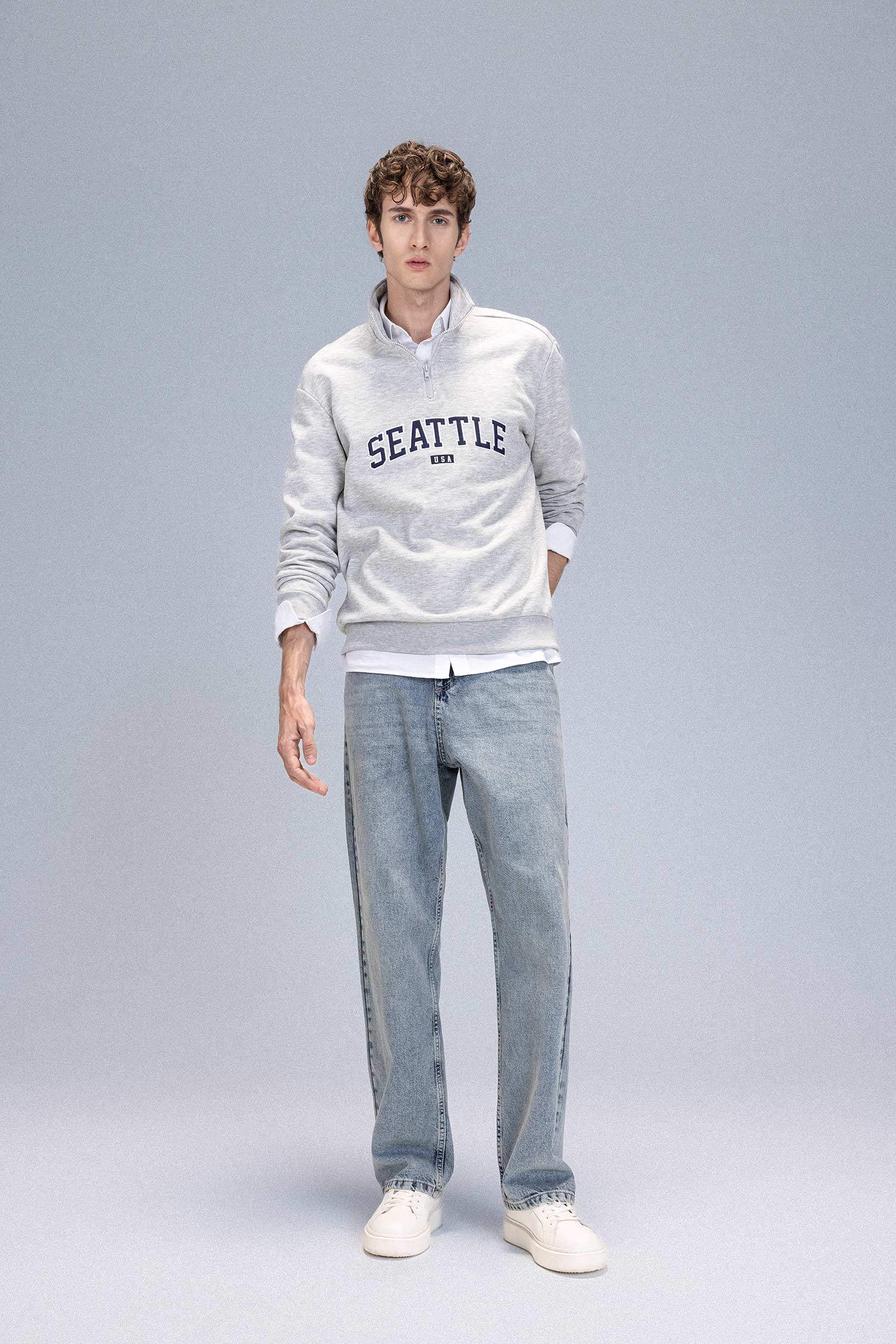 Relax Fit Zippered Stand Collar Printed Thick Sweatshirt