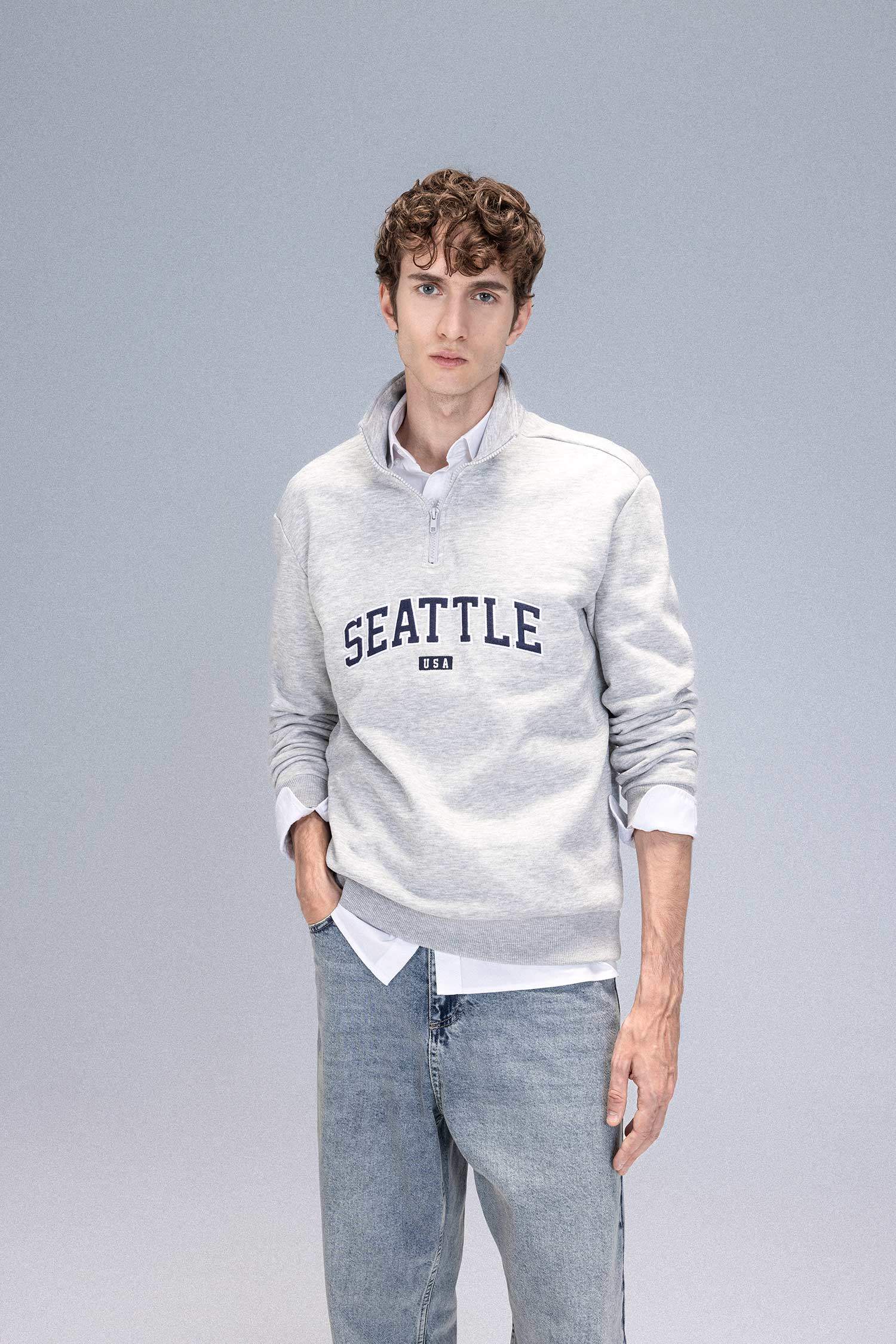 Relax Fit Zippered Stand Collar Printed Thick Sweatshirt