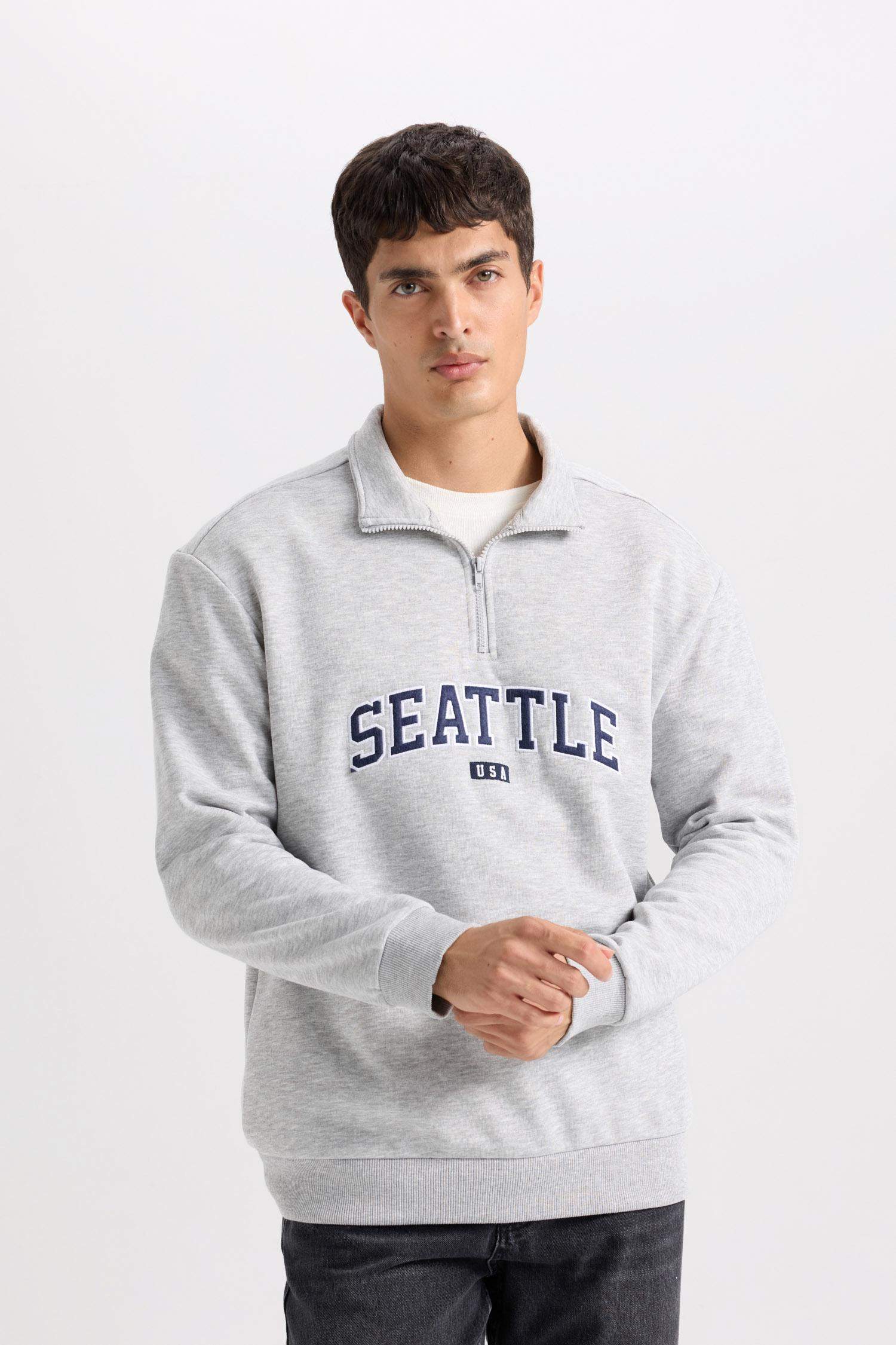 Relax Fit Zippered Stand Collar Printed Thick Sweatshirt