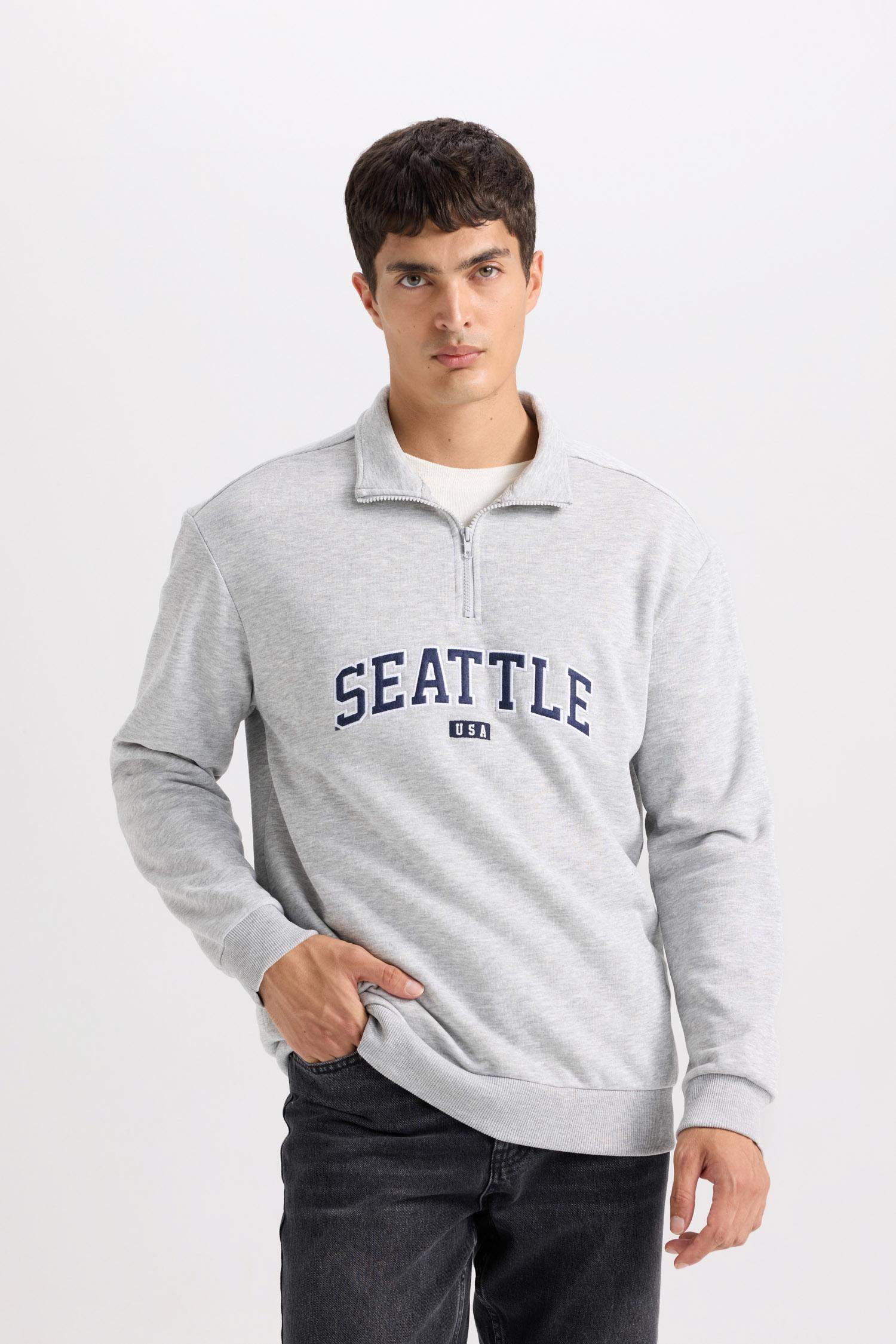 Relax Fit Zippered Stand Collar Printed Thick Sweatshirt