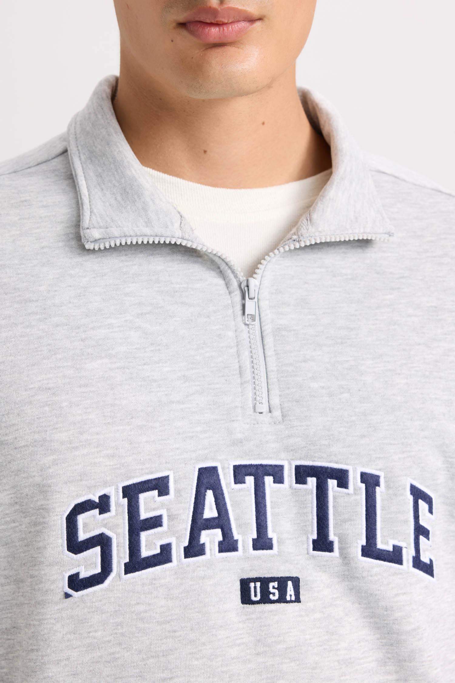 Relax Fit Zippered Stand Collar Printed Thick Sweatshirt