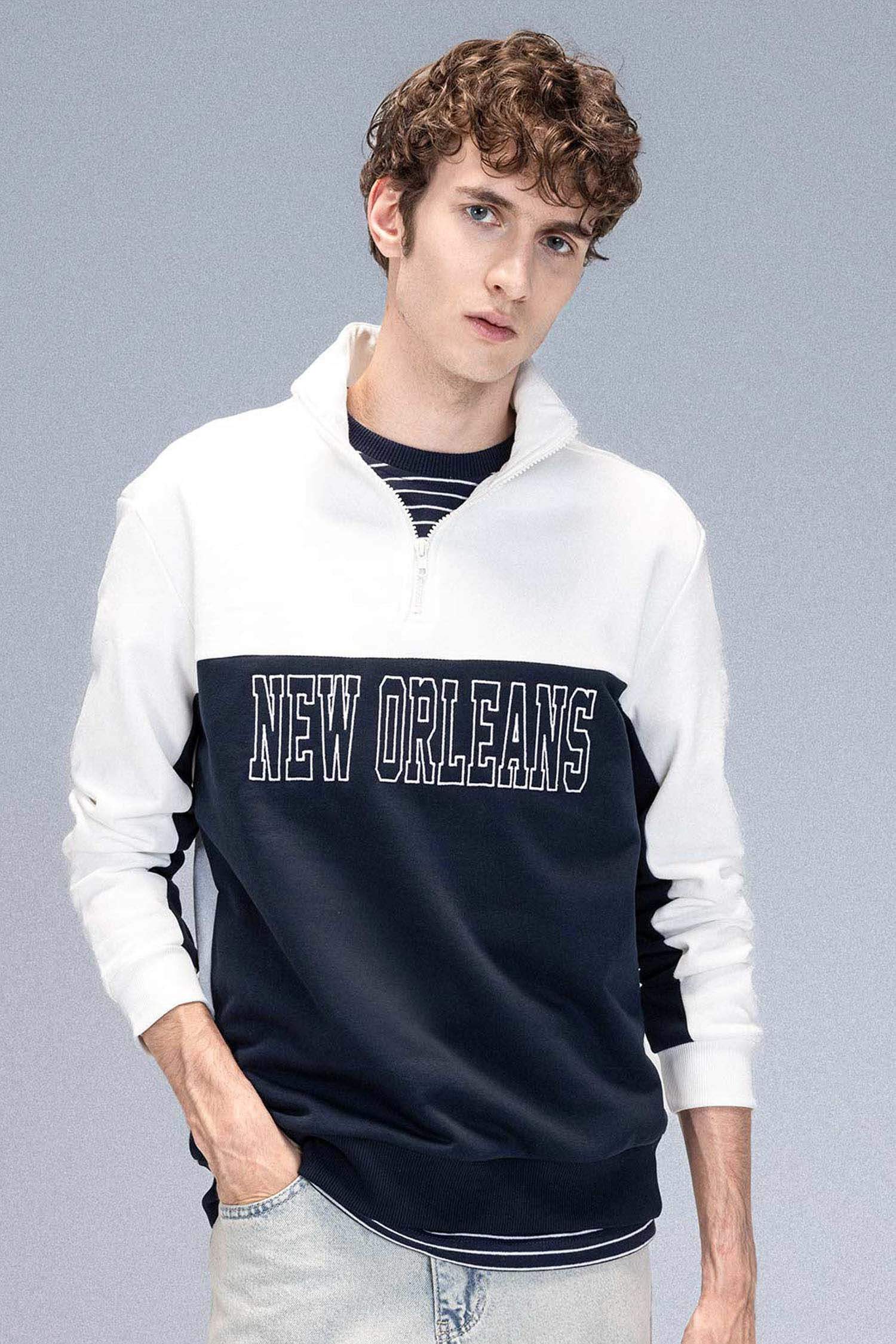 Relax Fit Dik Yaka Yarım Fermuarlı Baskılı Kalın Sweatshirt