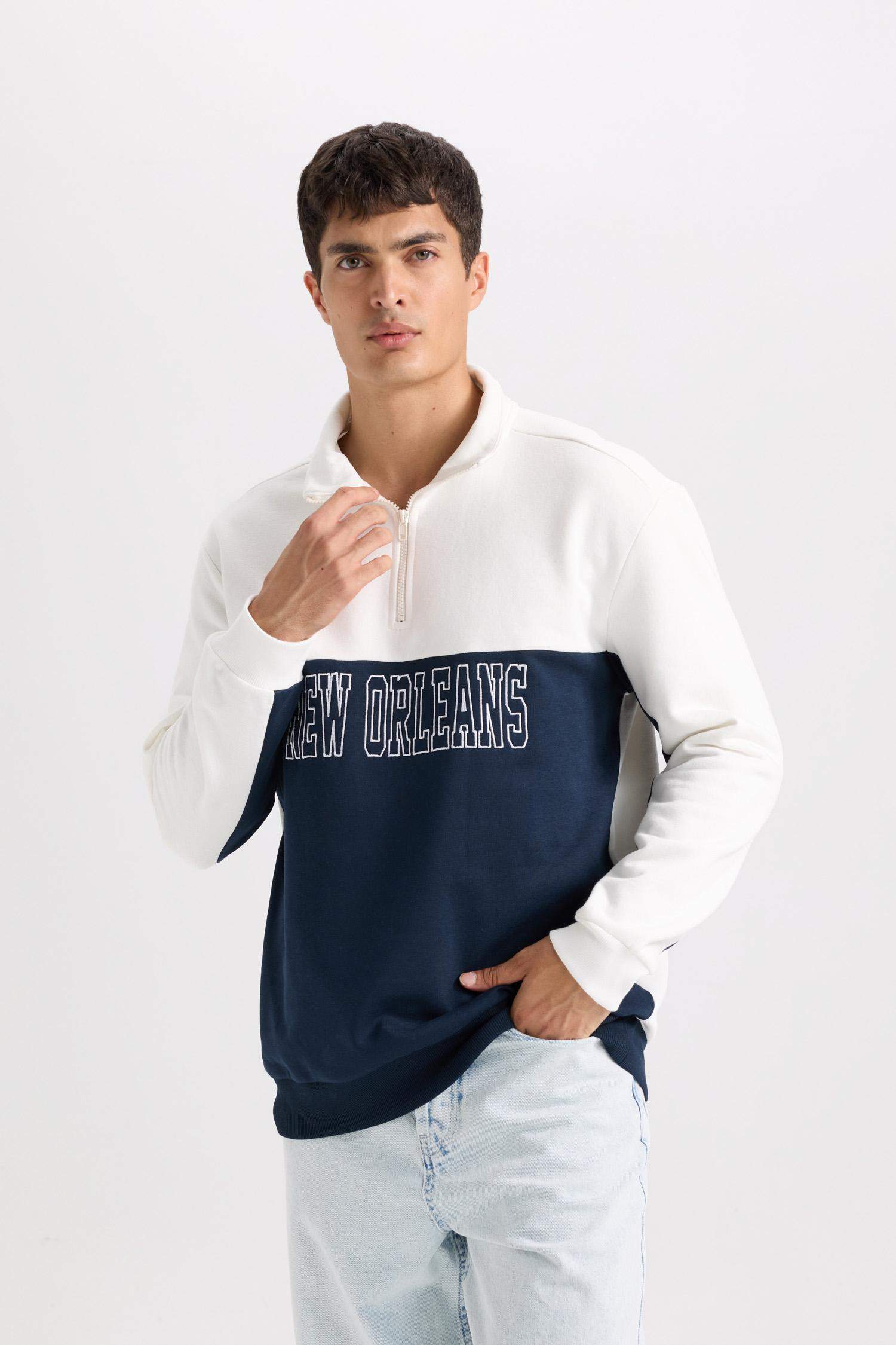 Relax Fit Dik Yaka Yarım Fermuarlı Baskılı Kalın Sweatshirt