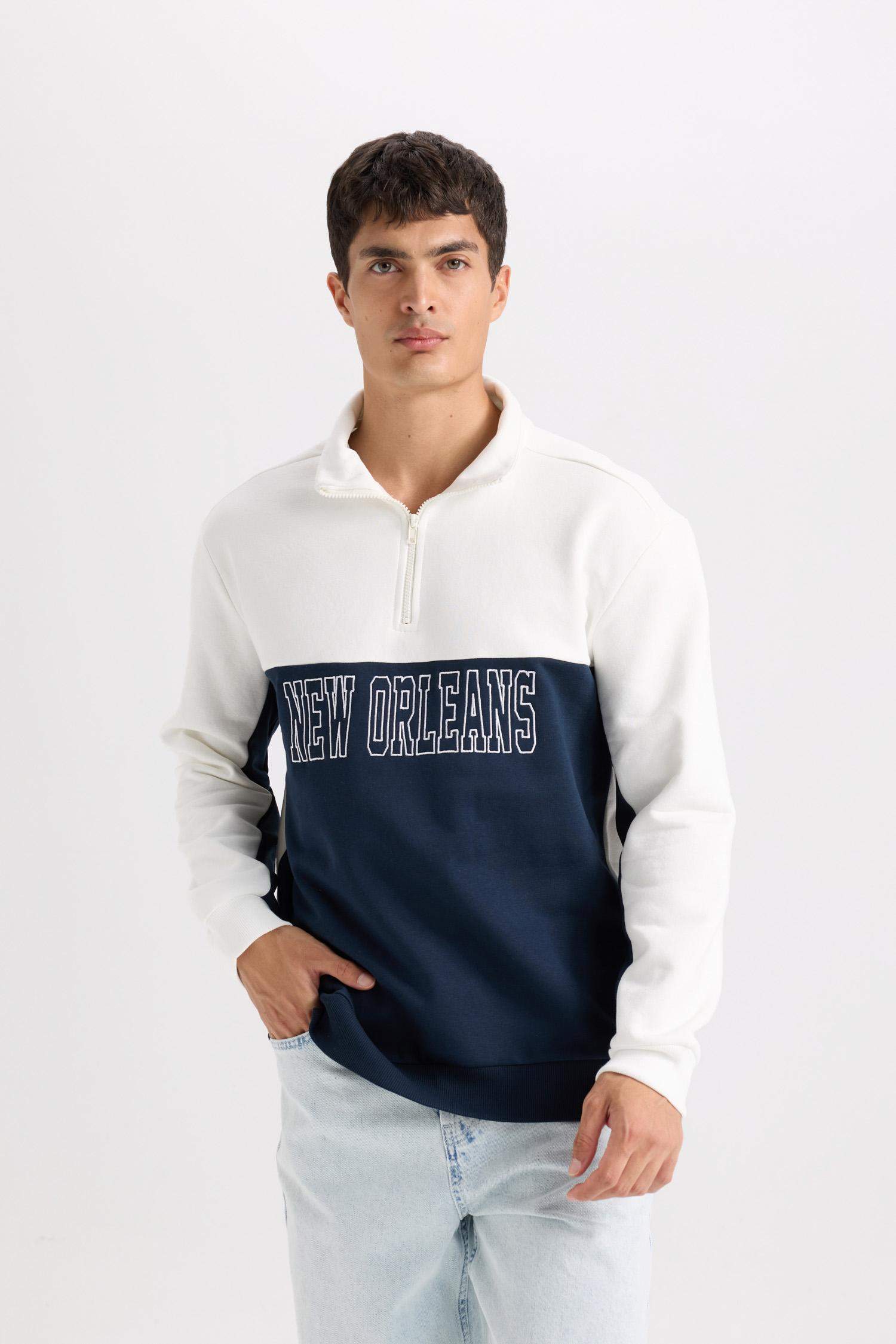Relax Fit Dik Yaka Yarım Fermuarlı Baskılı Kalın Sweatshirt