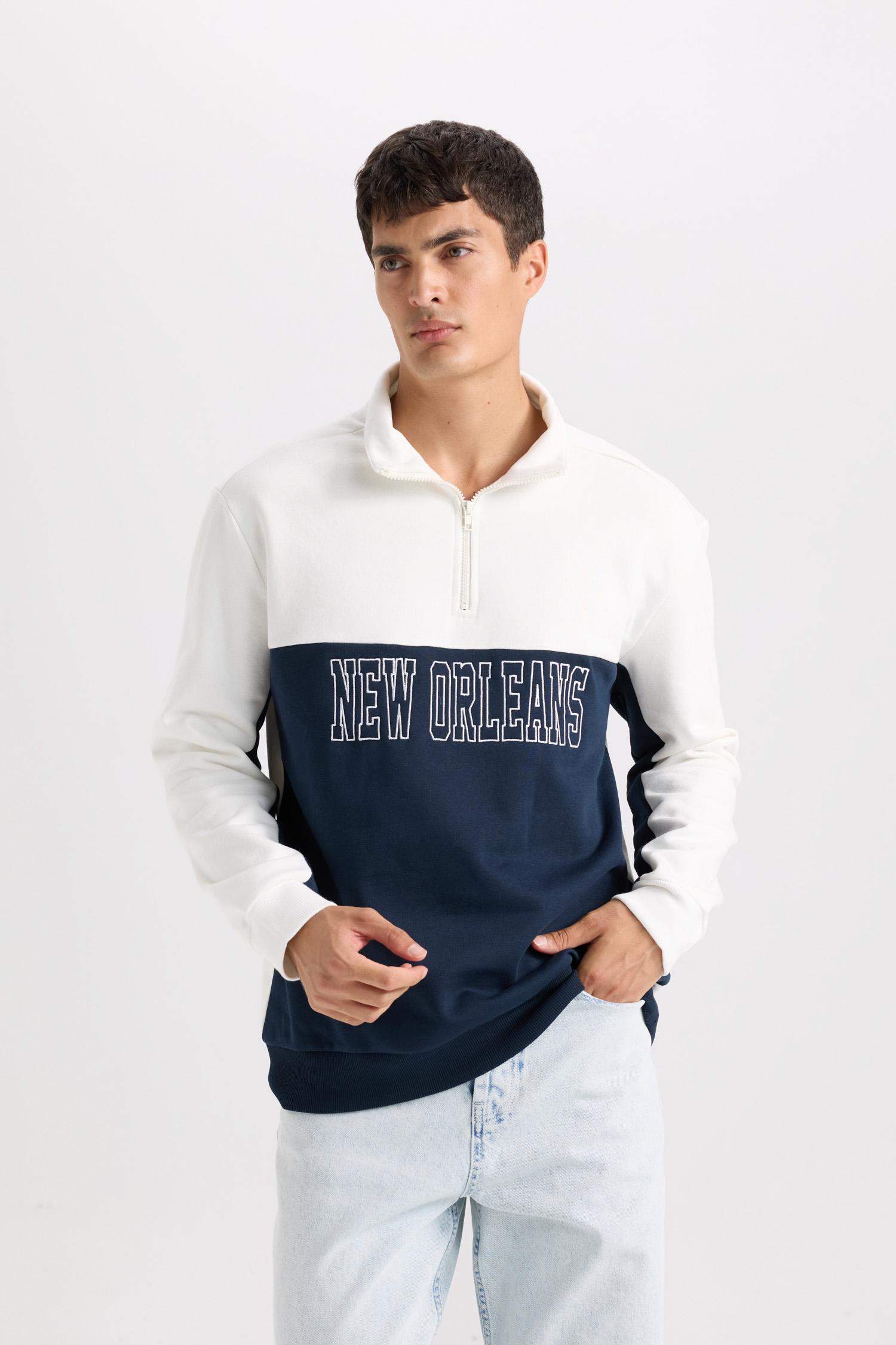 Relax Fit Dik Yaka Yarım Fermuarlı Baskılı Kalın Sweatshirt