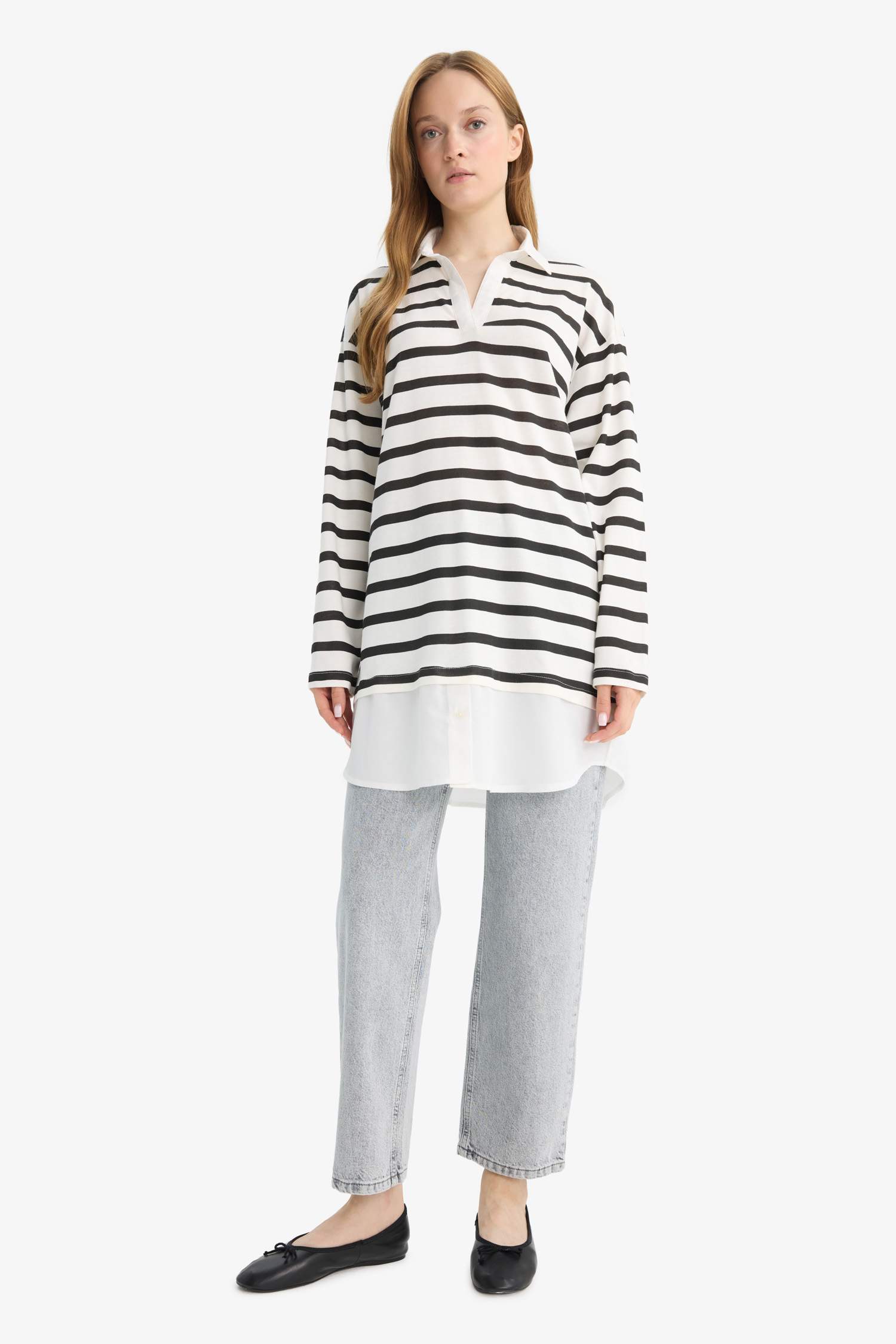 Regular Fit Polo Yaka Çizgili Uzun Kollu Tunik