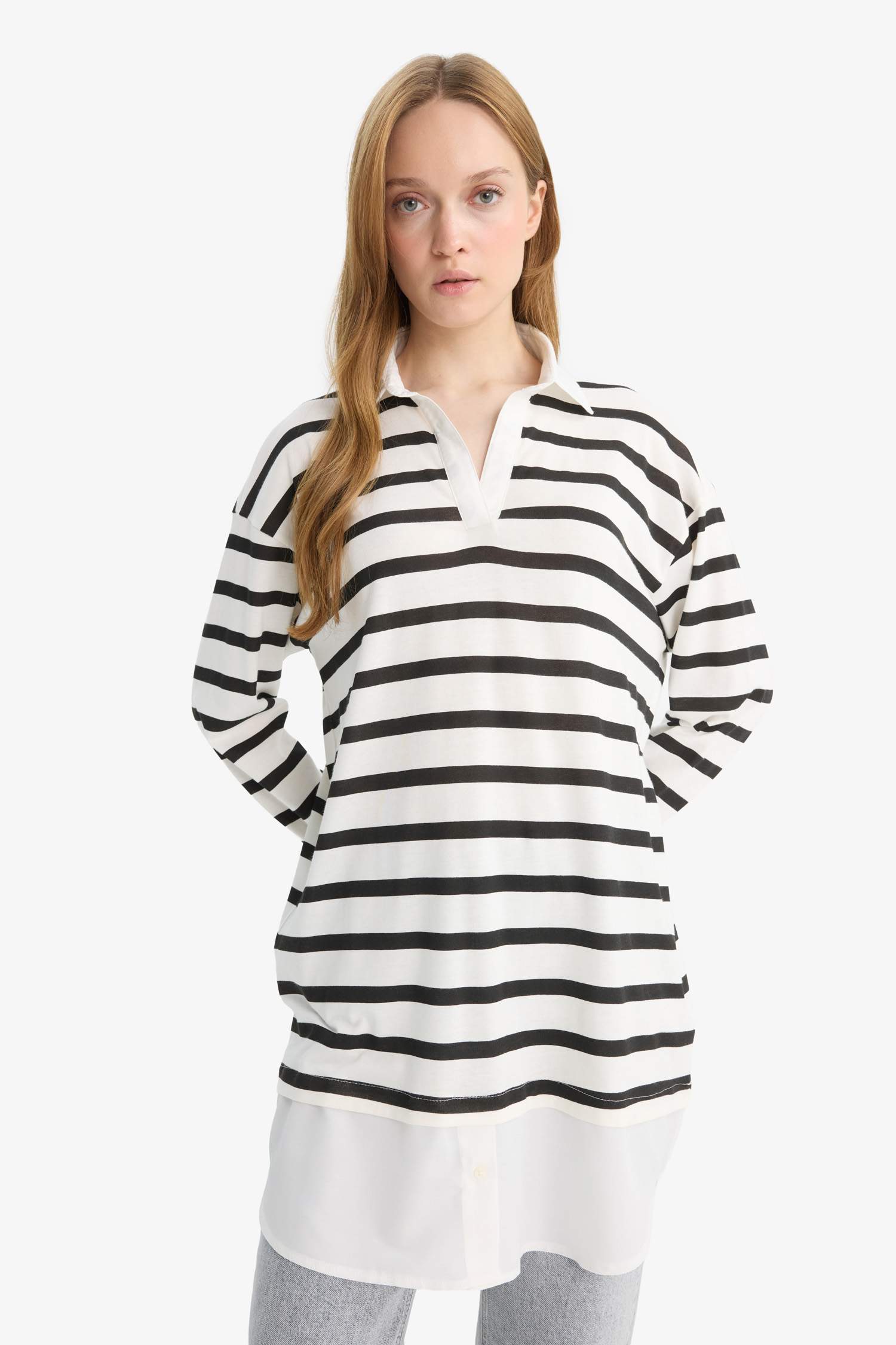 Regular Fit Polo Yaka Çizgili Uzun Kollu Tunik