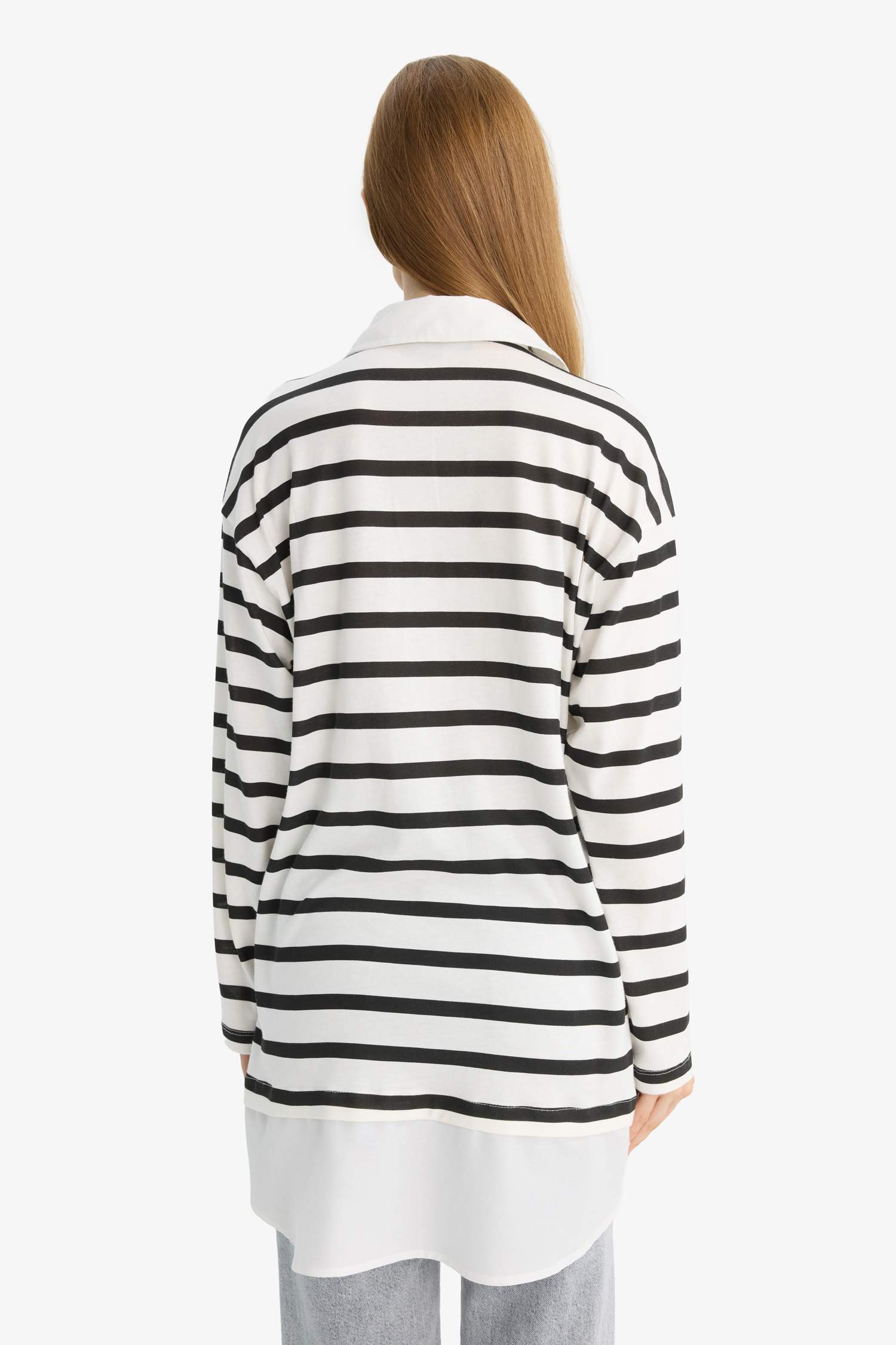 Regular Fit Polo Yaka Çizgili Uzun Kollu Tunik