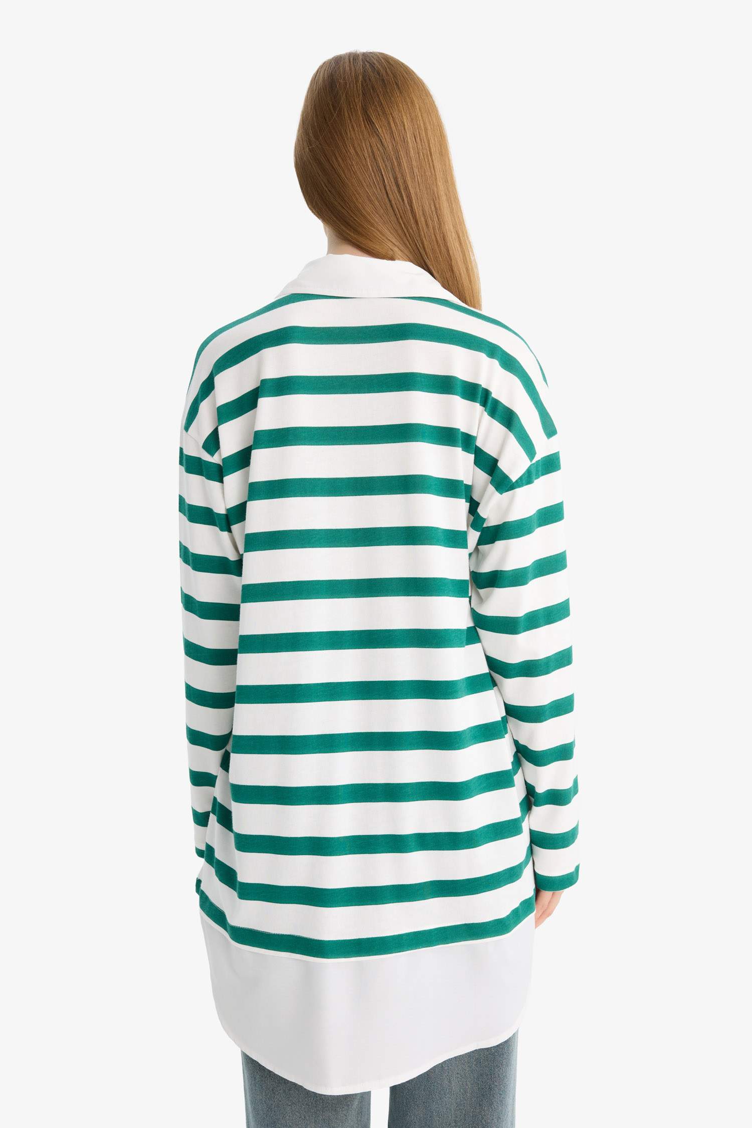 Regular Fit Polo Yaka Çizgili Uzun Kollu Sweatshirt Tunik 