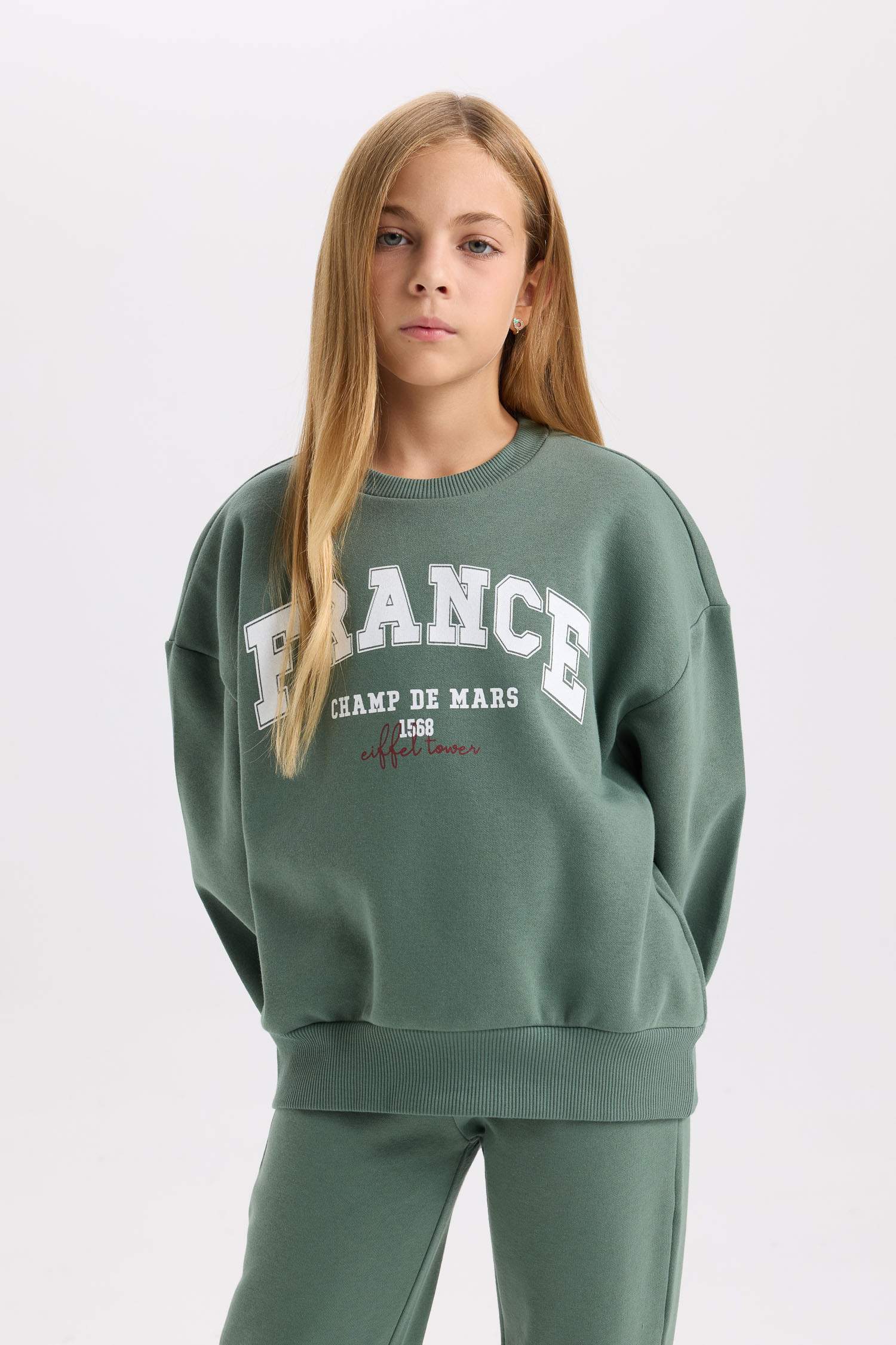 Kız Çocuk 2'li Takım Baskılı Sweatshirt Beli Lastikli Eşofman Altı