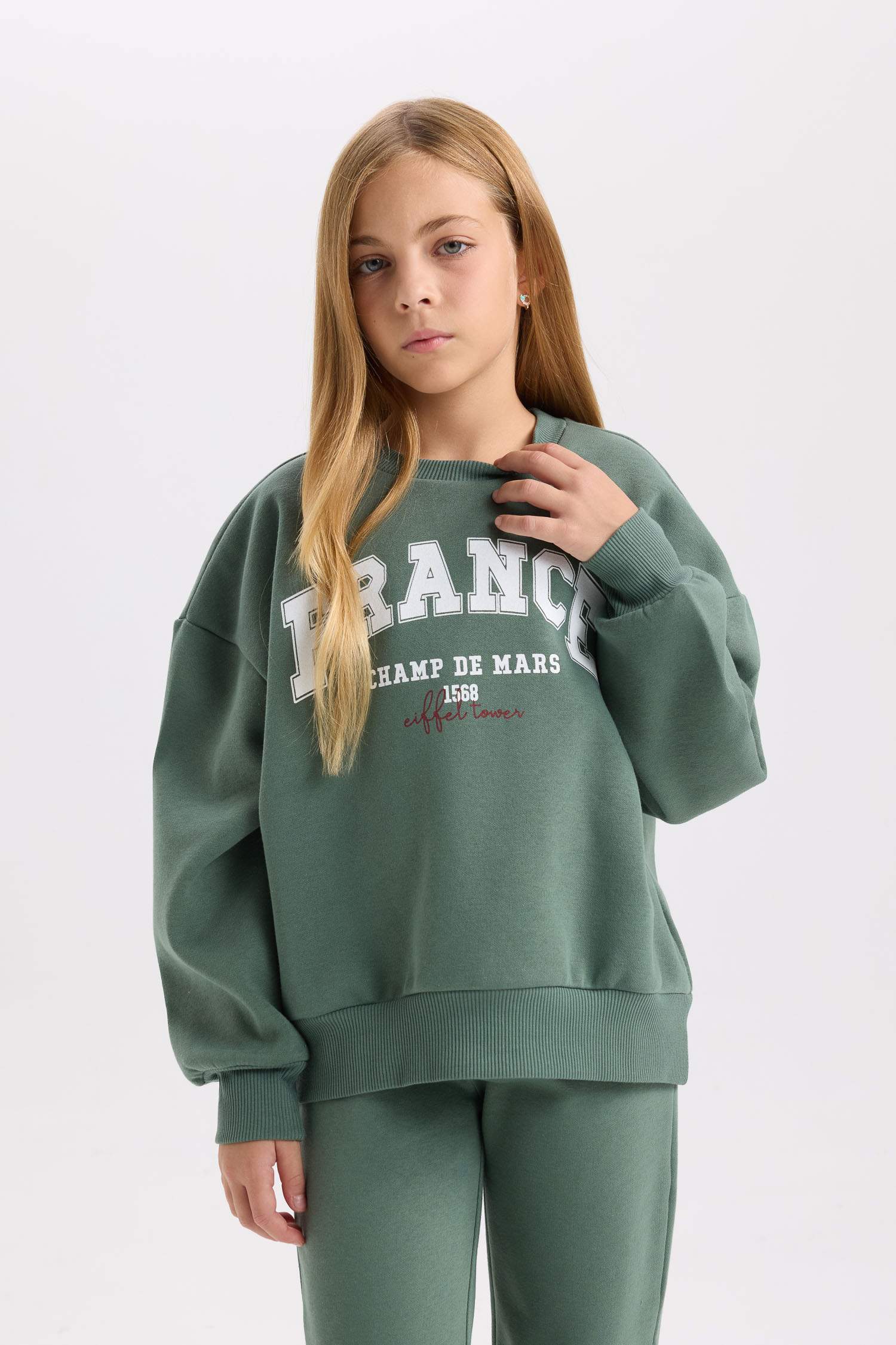Kız Çocuk 2'li Takım Baskılı Sweatshirt Beli Lastikli Eşofman Altı