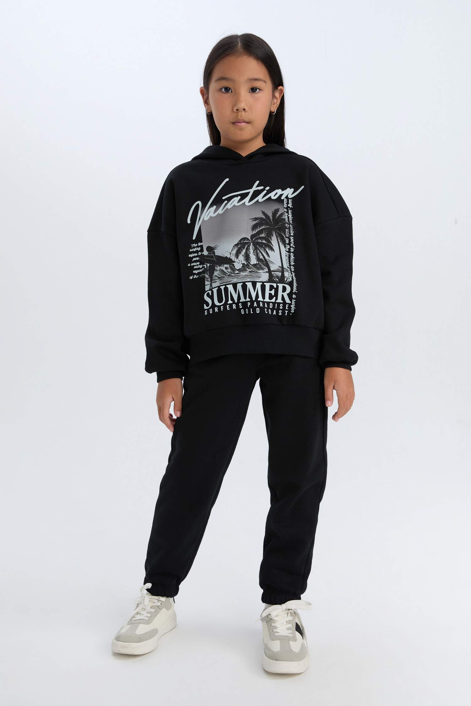 Kız Çocuk 2'li Takım Kapüşonlu Baskılı Sweatshirt Beli Lastikli Jogger Alt