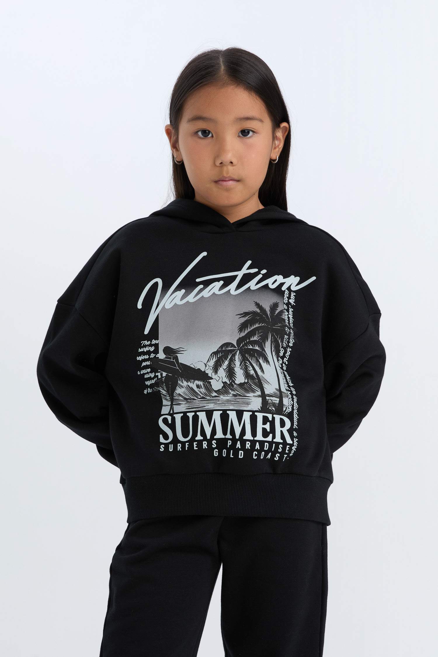 Kız Çocuk 2'li Takım Kapüşonlu Baskılı Sweatshirt Beli Lastikli Jogger Alt