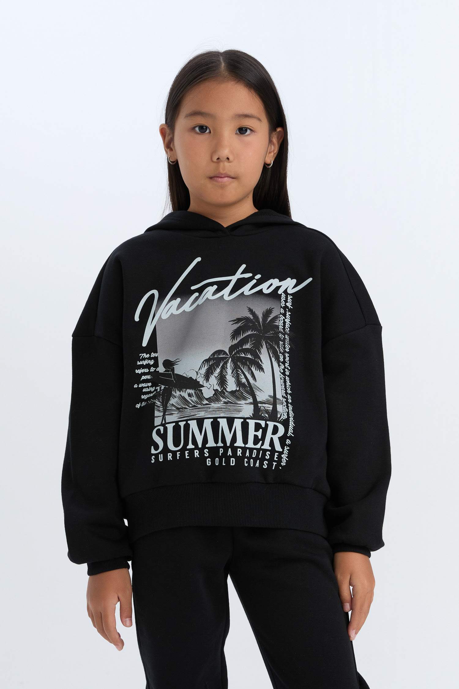 Kız Çocuk 2'li Takım Kapüşonlu Baskılı Sweatshirt Beli Lastikli Jogger Alt