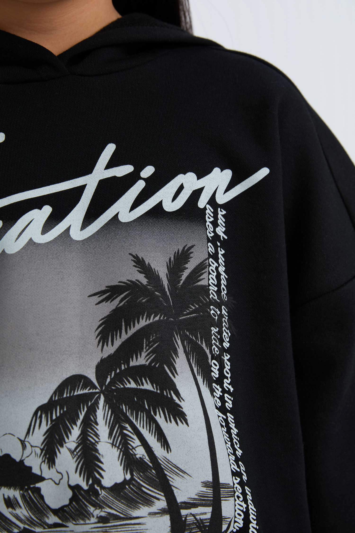 Kız Çocuk 2'li Takım Kapüşonlu Baskılı Sweatshirt Beli Lastikli Jogger Alt