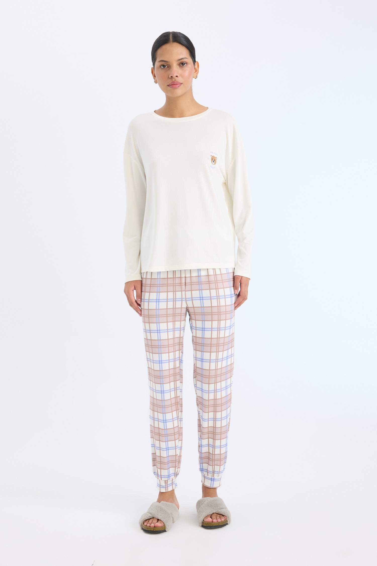 Pijama Takımı Regular Fit Uzun Kollu Üst Kareli Uzun Alt