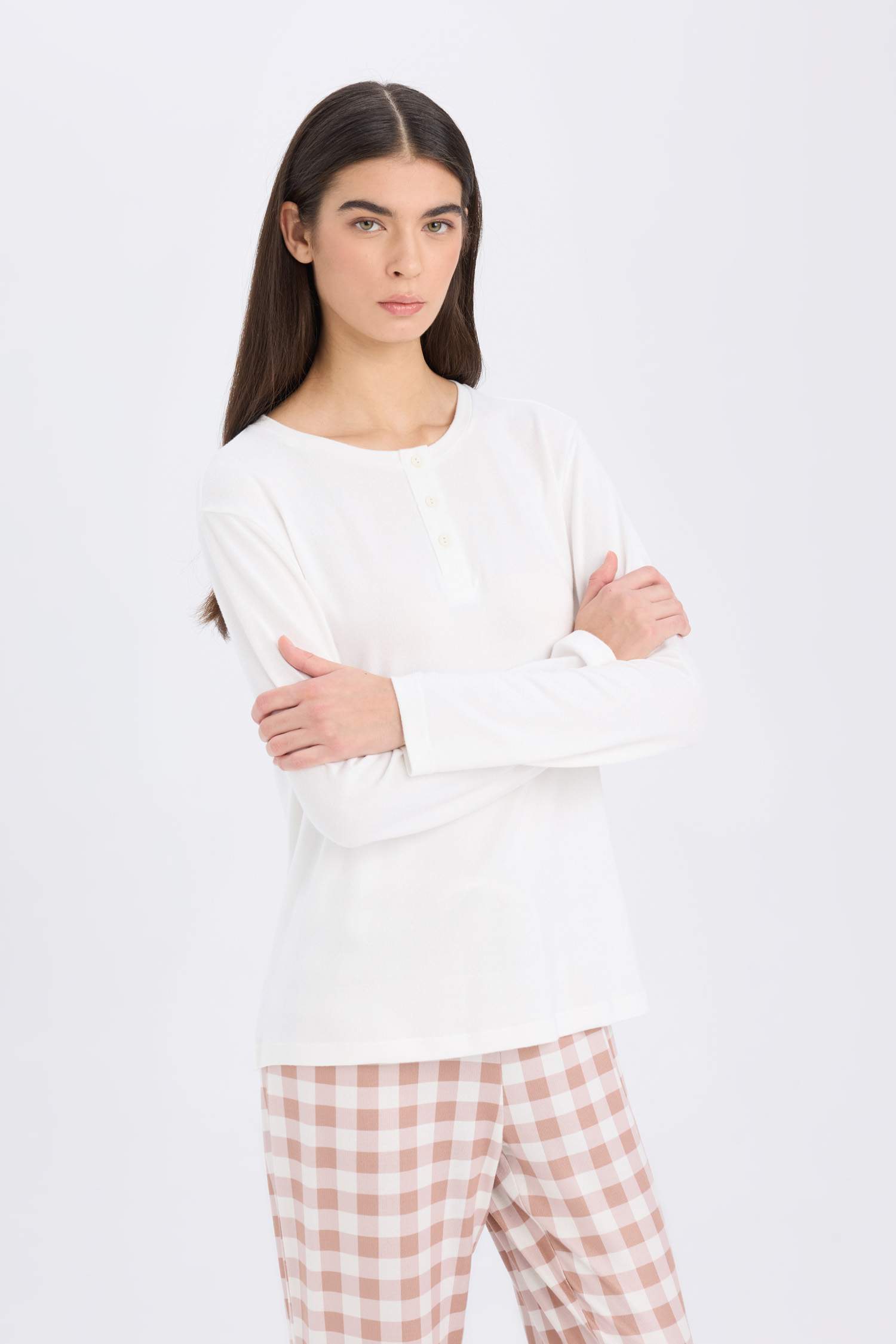 Pijama Takımı Uzun Kollu Üst Kareli Beli Lastikli Uzun Alt-Fall in Love