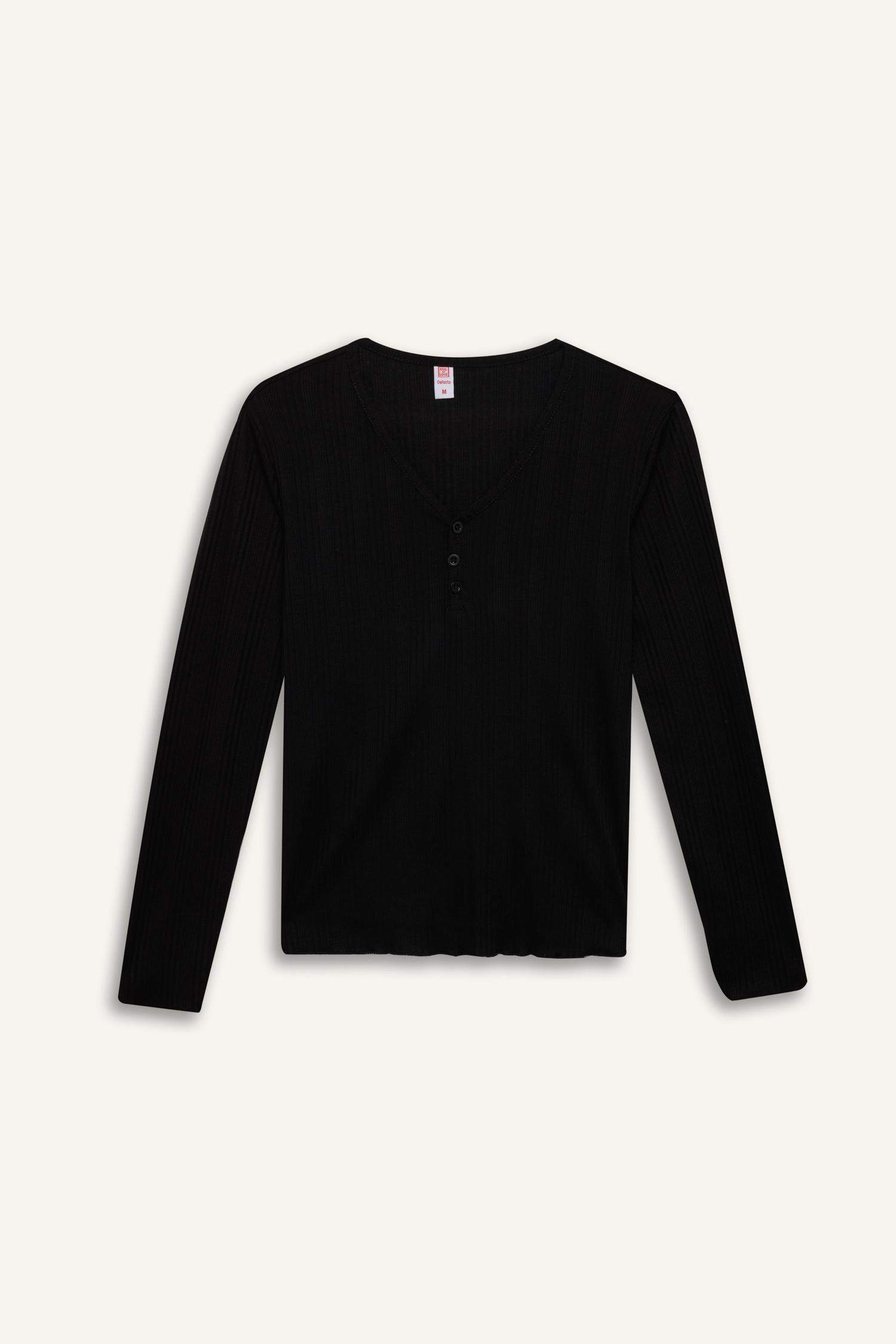 Pijama Takımı V Yaka Düğmeli Ribana Uzun Kollu Üst Beli Lastikli Geniş Paça Alt-Fall in Love