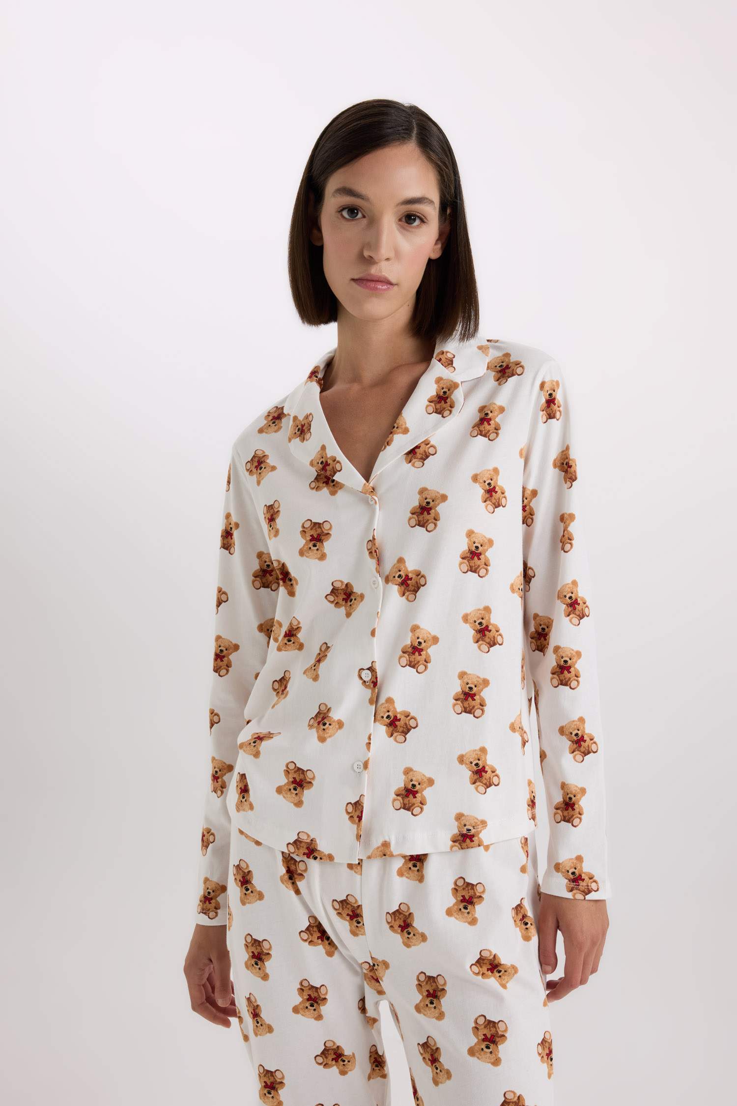 Desenli Pijama Takımı Uzun Kollu Üst Beli Lastikli Alt-Fall in Love