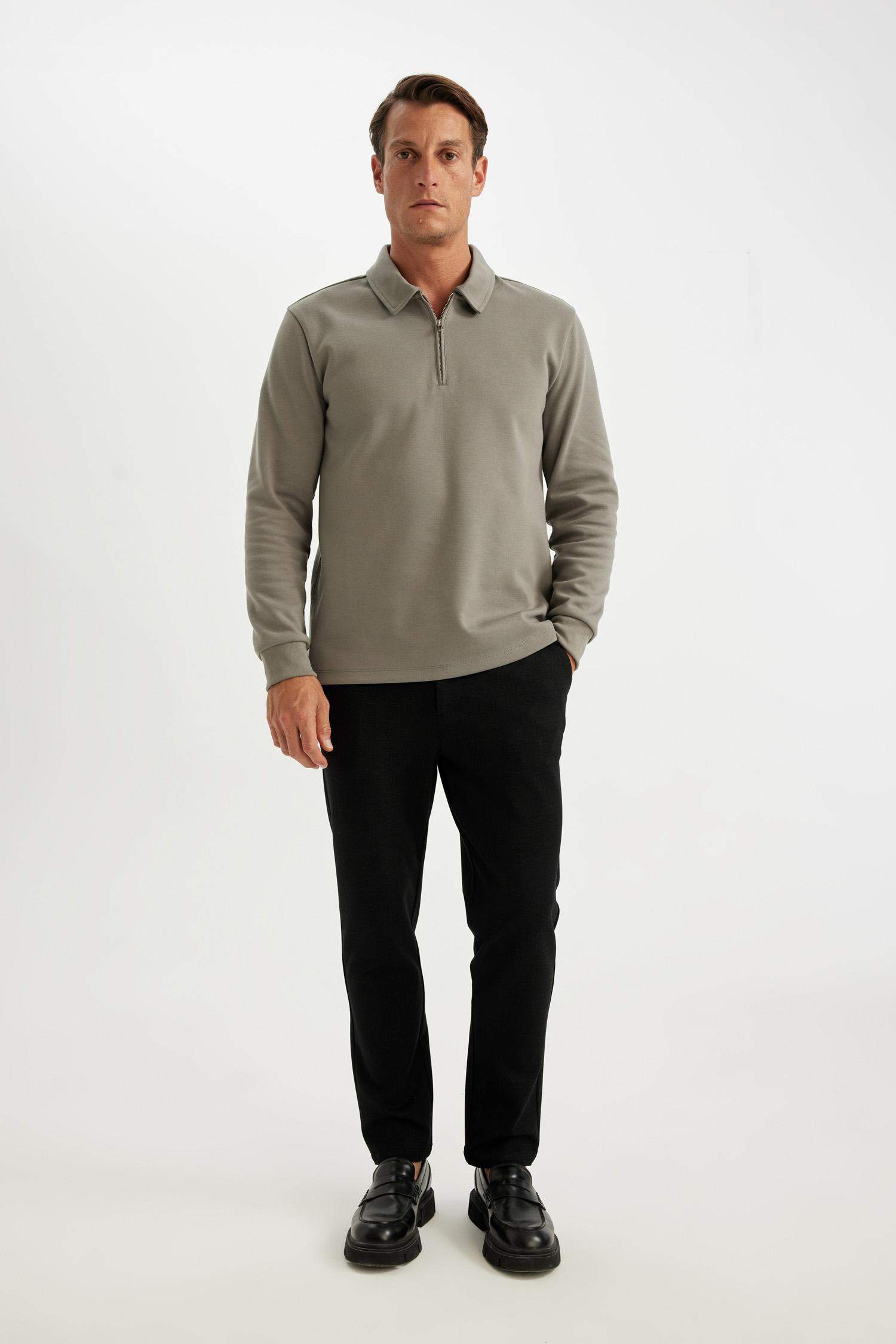 Regular Fit Polo Yaka Yarım Fermuarlı Basic Düz Sweatshirt